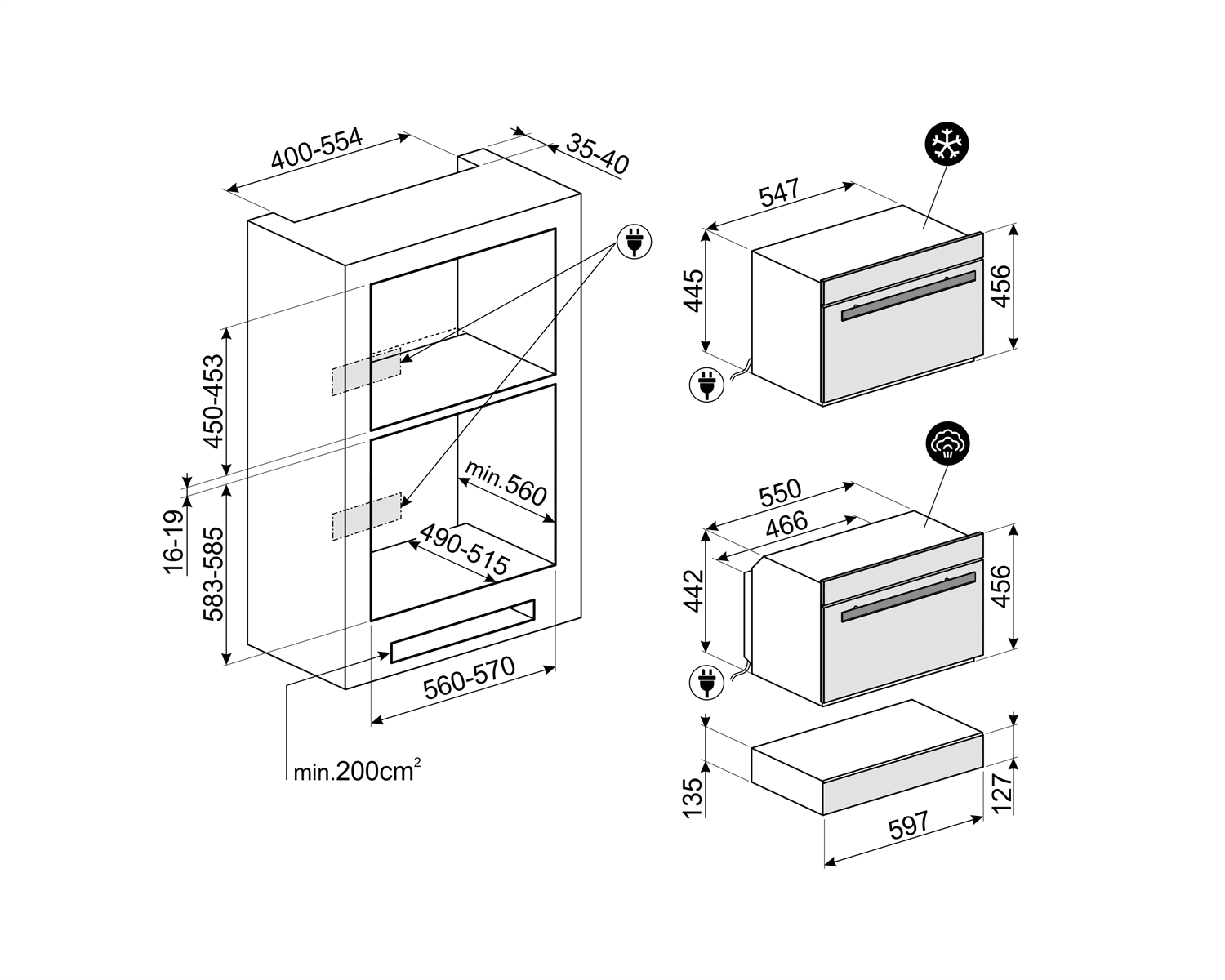 SMEG SAB4604NR blast chiller, technische tekening