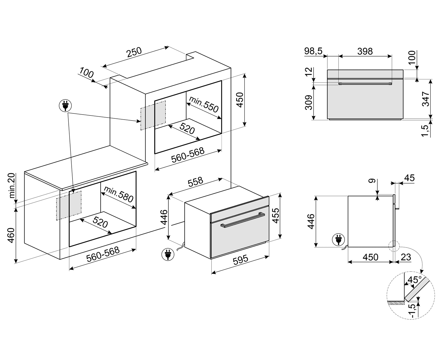 SMEG SO4401M1X combi-magnetron oven, technische tekening