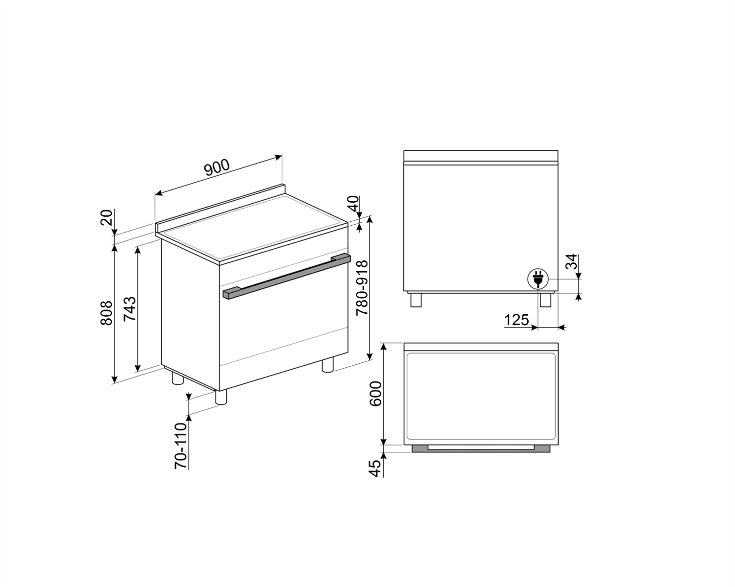 SMEG CPF90I1PX2 fornuis, technische tekening