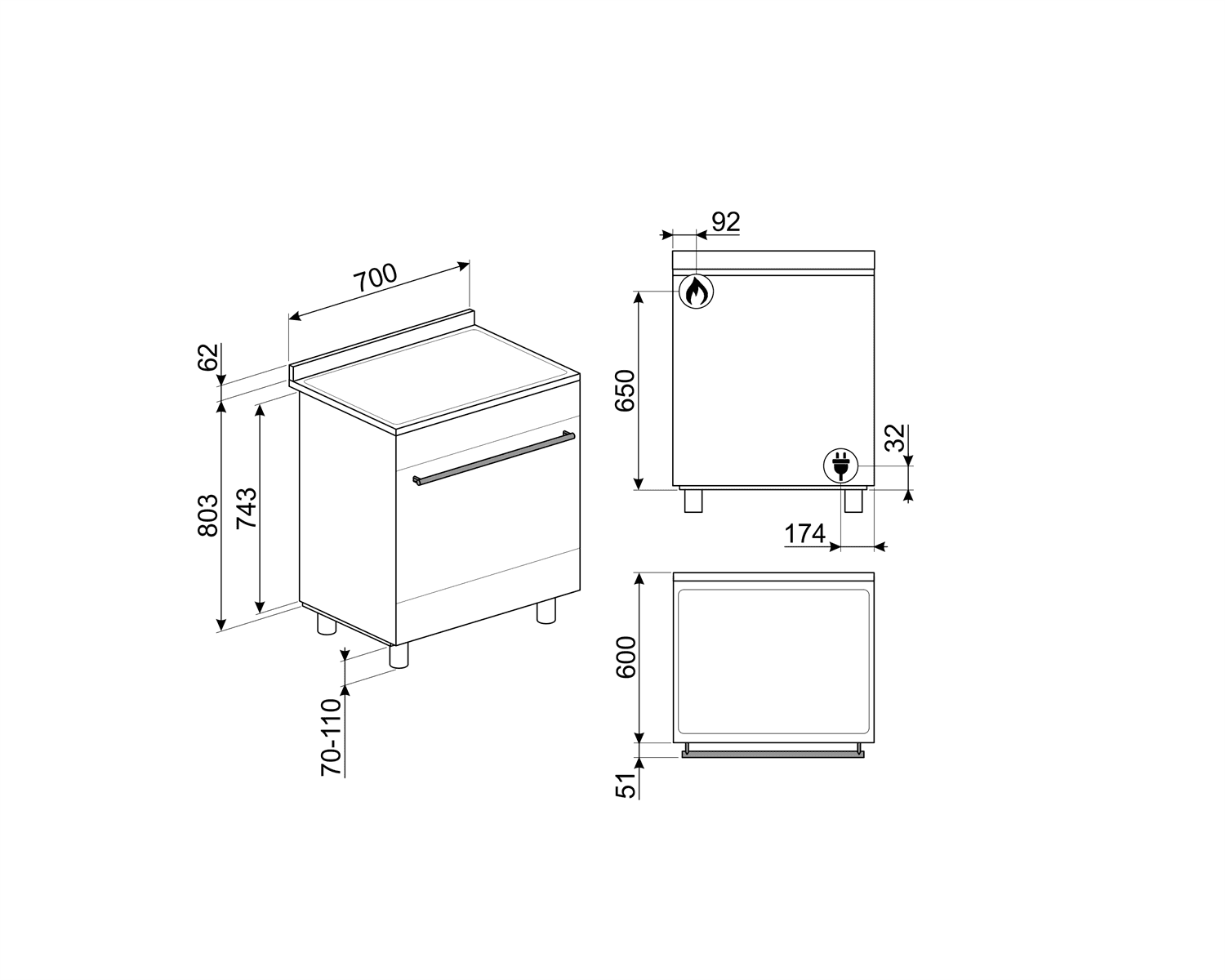 SMEG C7GMXNLK9 fornuis, technische tekening