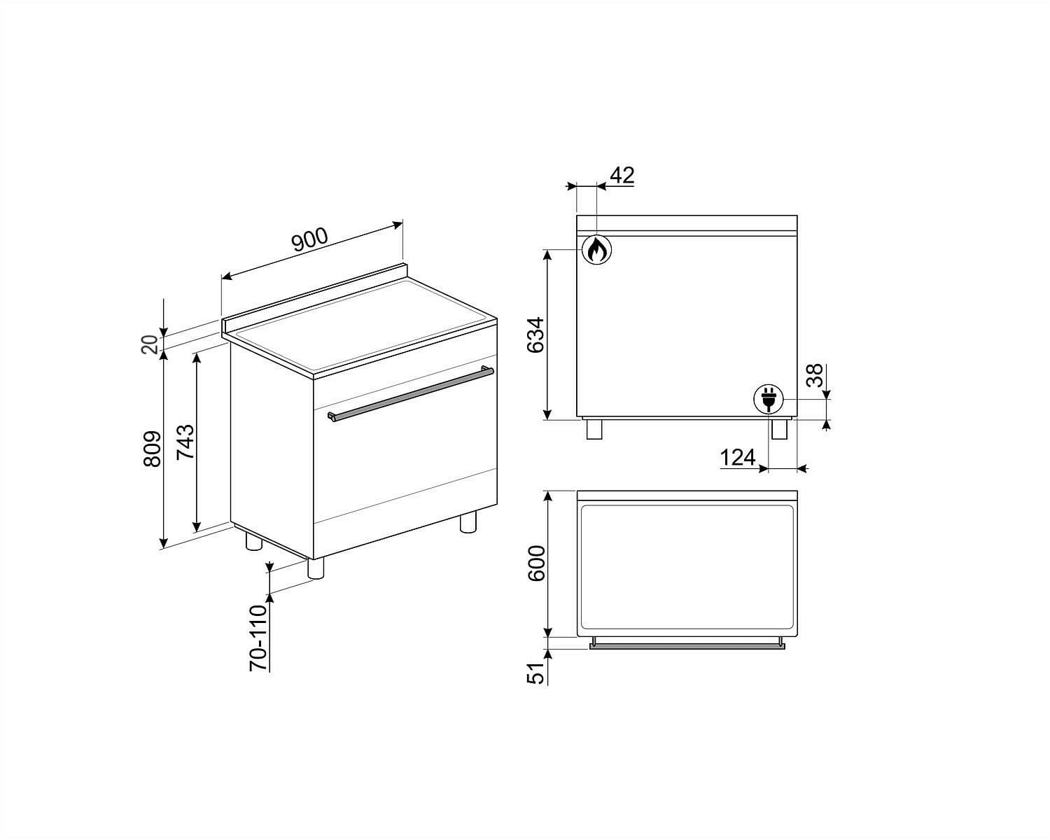 SMEG B91GMXNLK2 fornuis, technische tekening