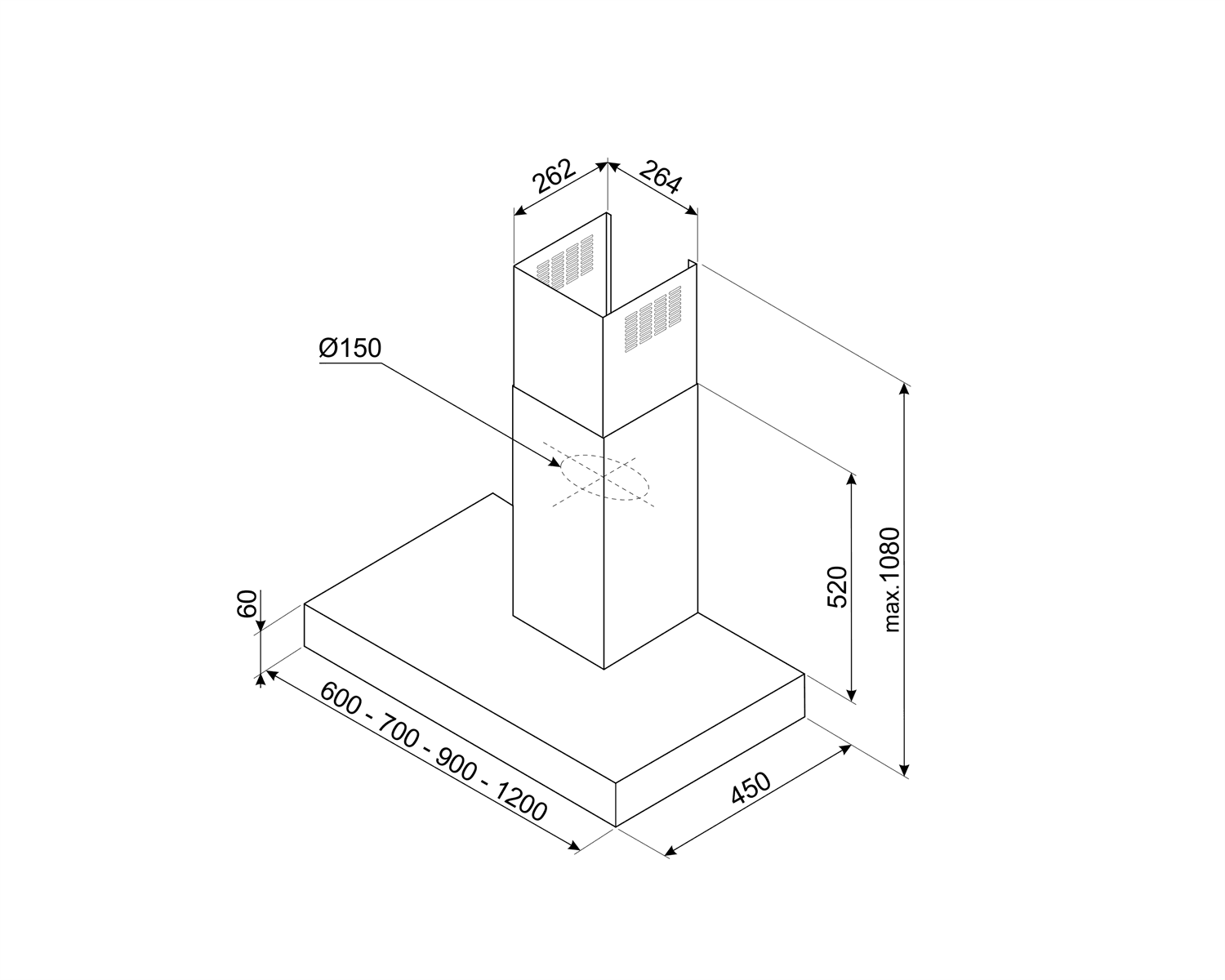 SMEG KBT700XE wand afzuigkap, technische tekening