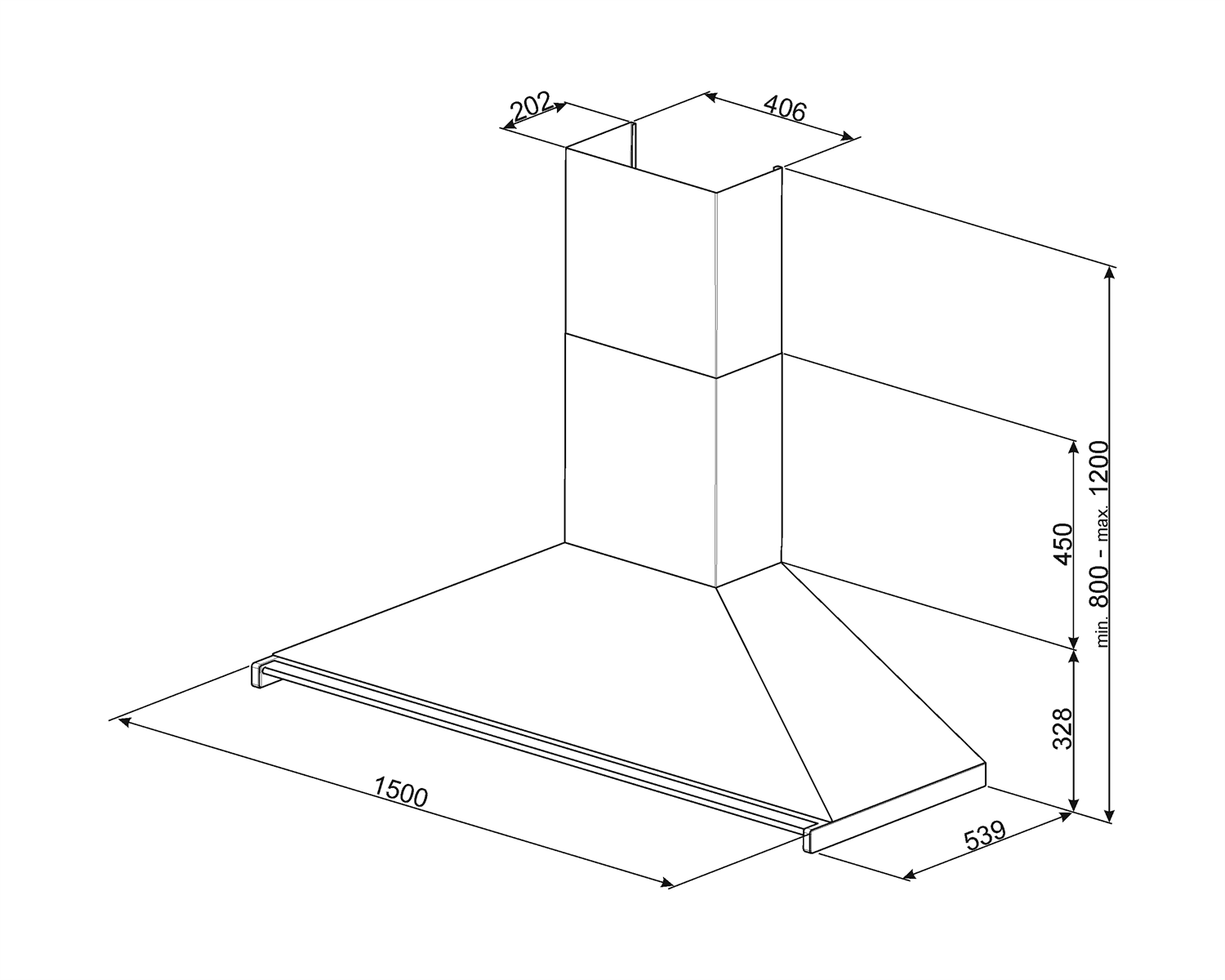SMEG KD150HXE wand afzuigkap, technische tekening
