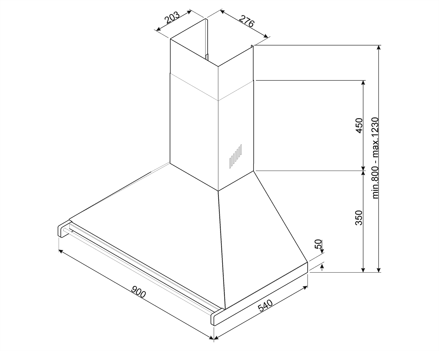 SMEG KD90HAE wand afzuigkap, technische tekening