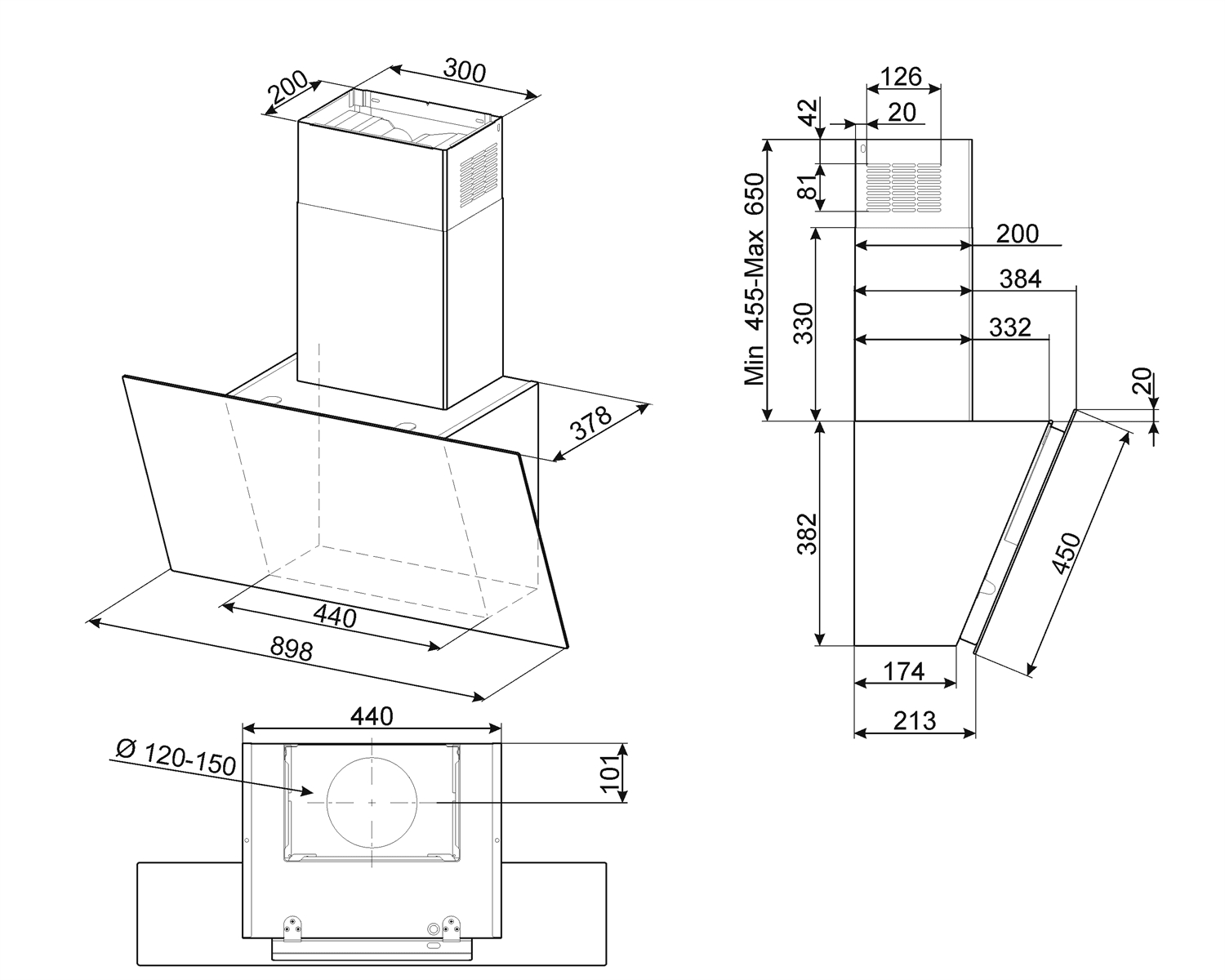 SMEG KICV90BL2 wand afzuigkap, technische tekening