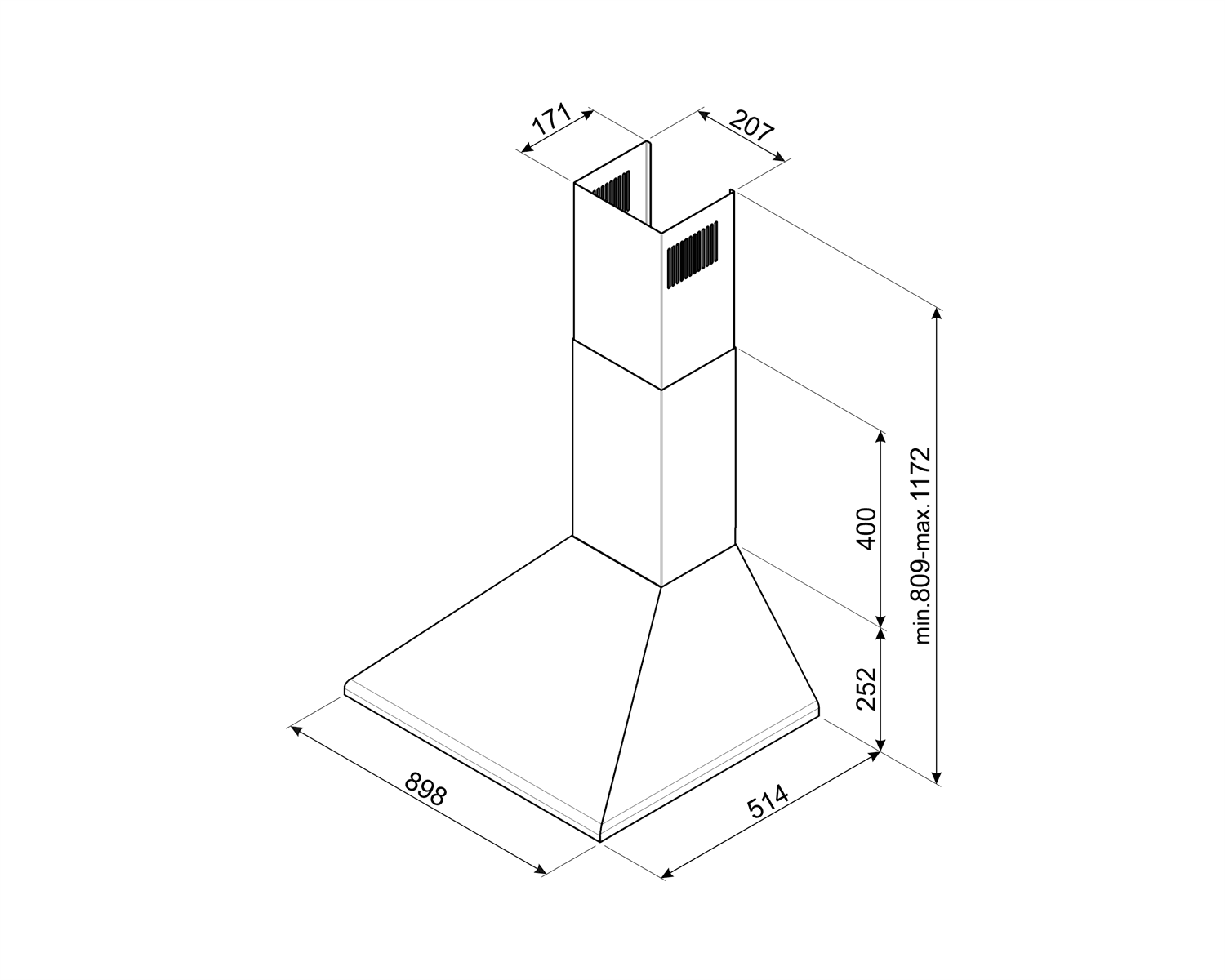 SMEG KSED95XE wand afzuigkap, technische tekening