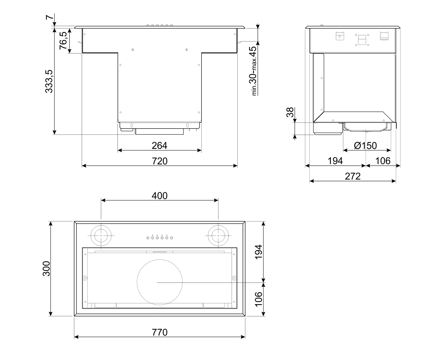 SMEG KSEG78PXE inbouw afzuigkap, technische tekening