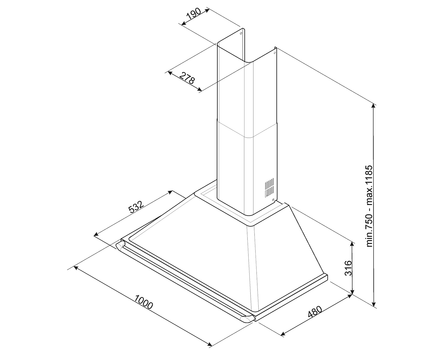 SMEG KT100BLE wand afzuigkap, technische tekening