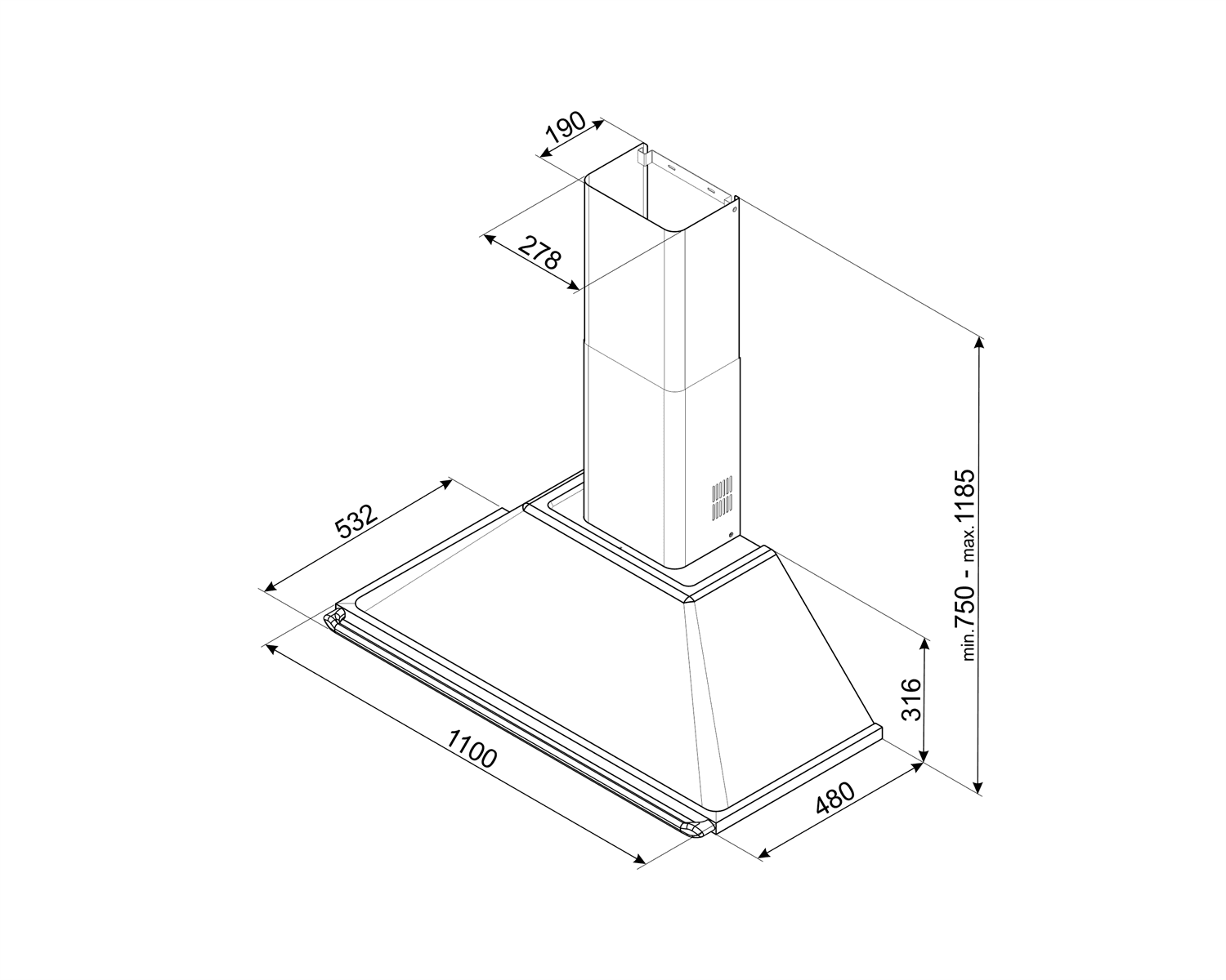 SMEG KT110PE wand afzuigkap, technische tekening