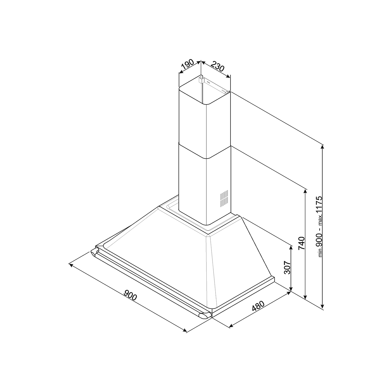 SMEG KT90PE wand afzuigkap, technische tekening