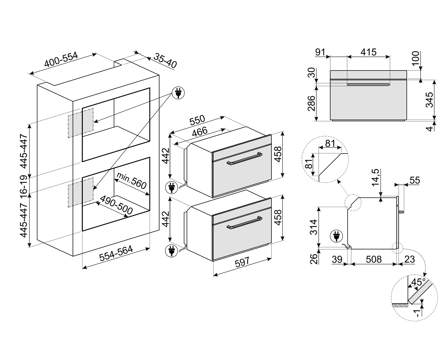 SMEG SO4902M1N combi-magnetron oven, technische tekening