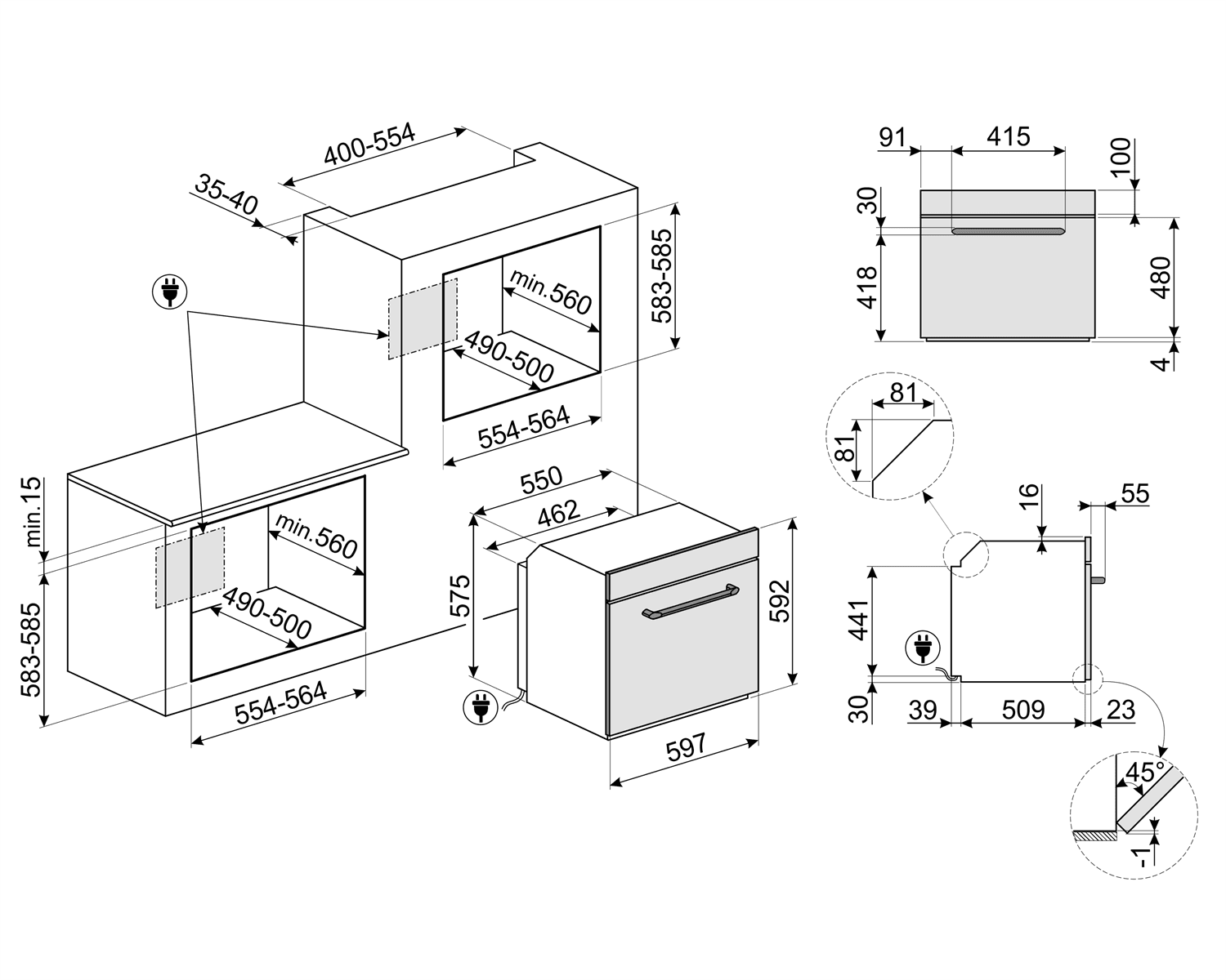SMEG SF6905N1 oven, technische tekening