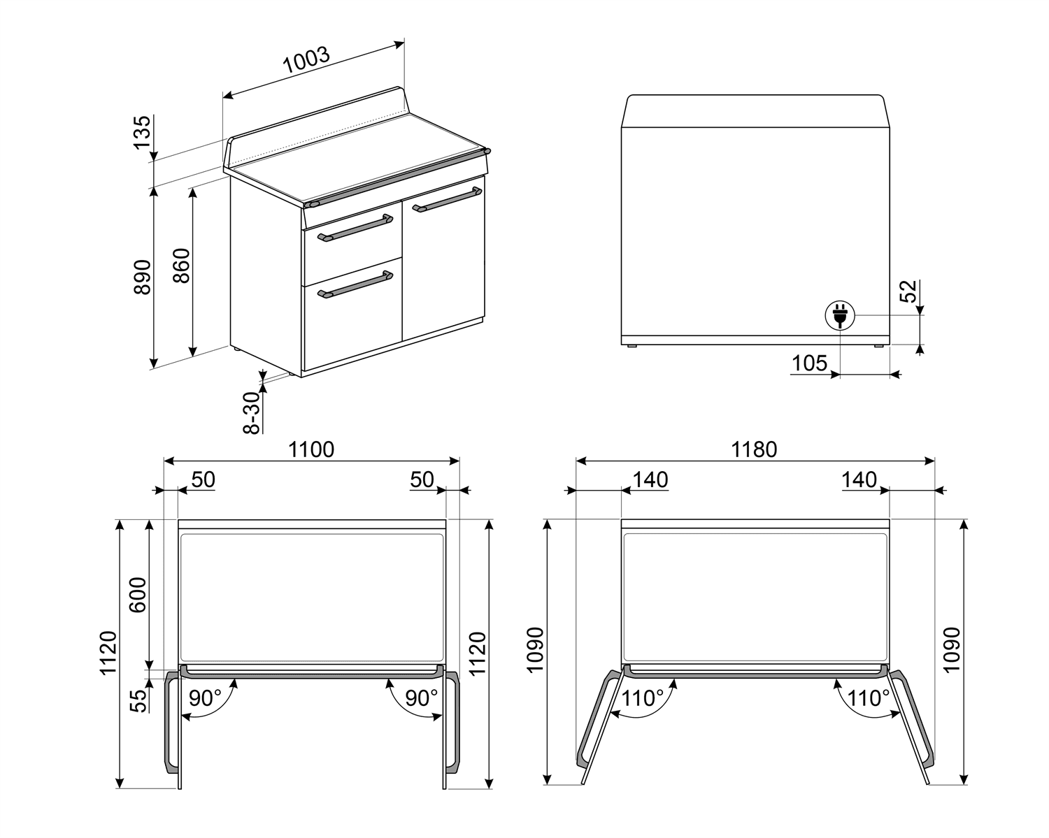 SMEG TR103IBL2 inductie fornuis zwart, technische tekening