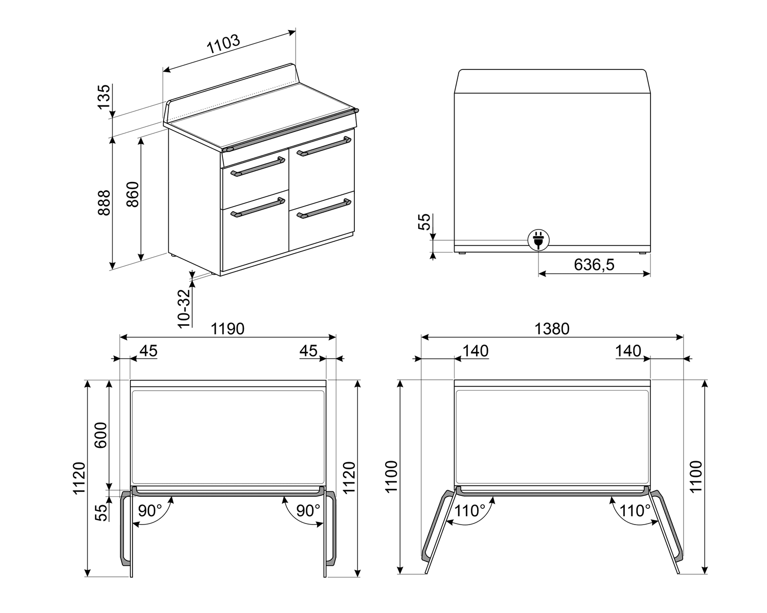 SMEG TR4110IP2 inductie fornuis crème, technische tekening