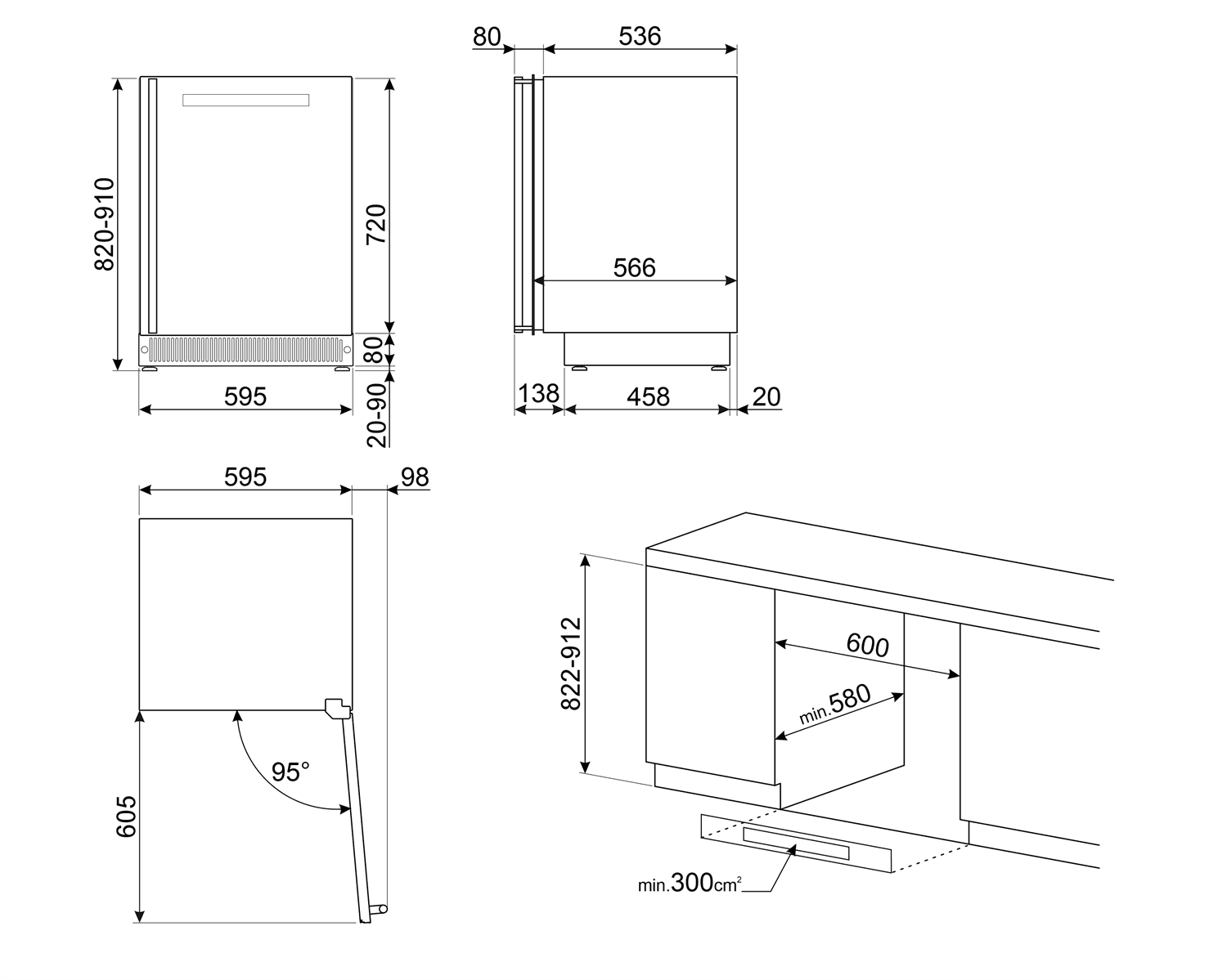 SMEG CVI338RX3 wijnklimaatkast RVS, technische tekening