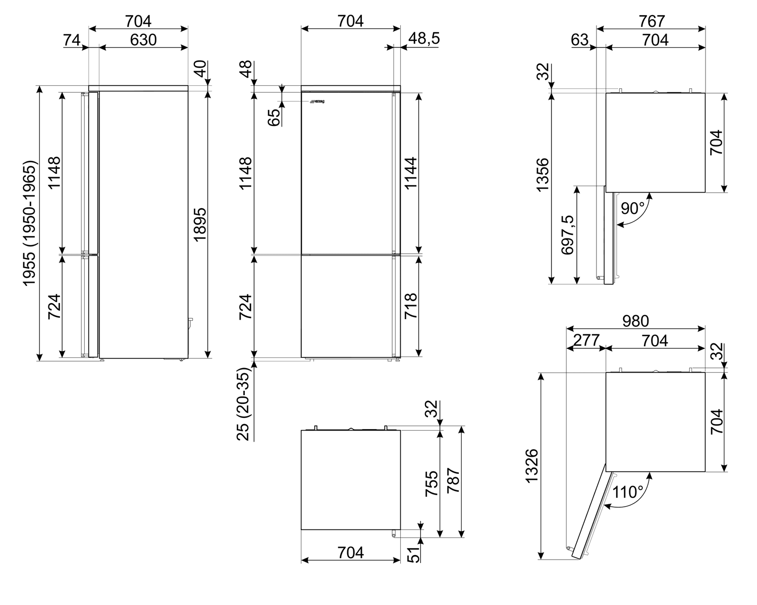 SMEG FA3905LX6 koelkast, technische tekening