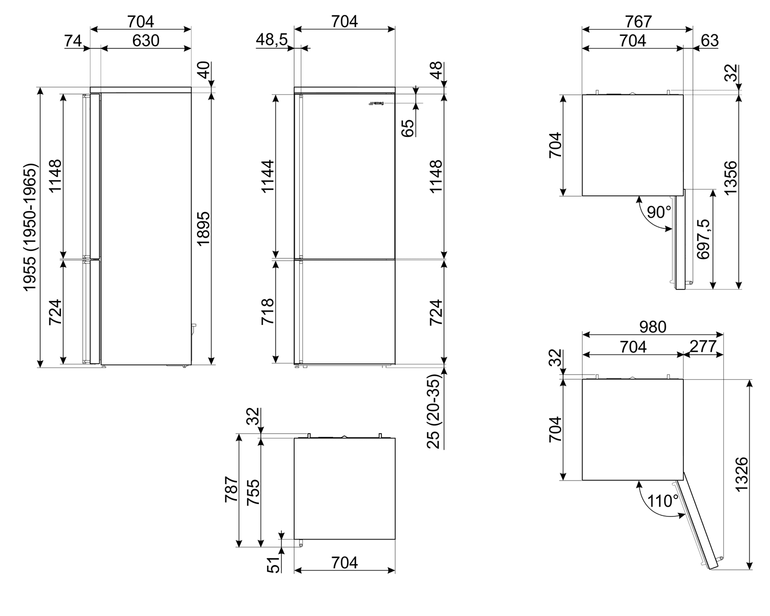 SMEG FA3905RX6 koelkast, technische tekening