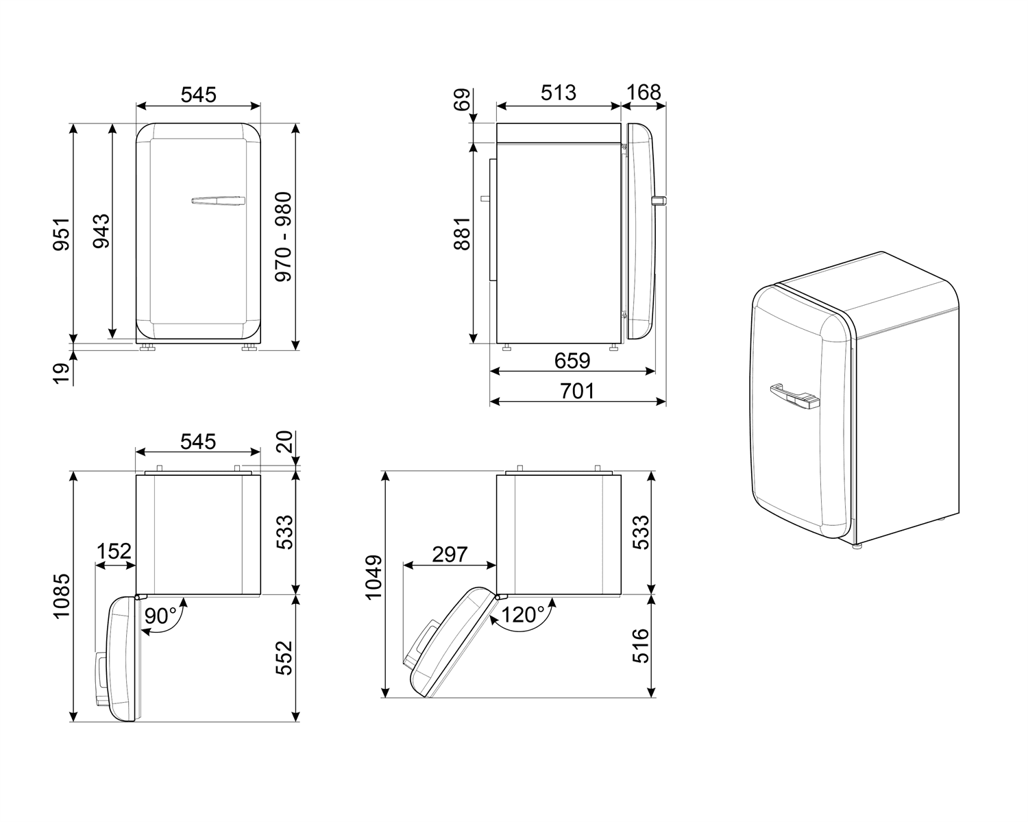 SMEG FAB10LRD6 retro koelkast, technische tekening