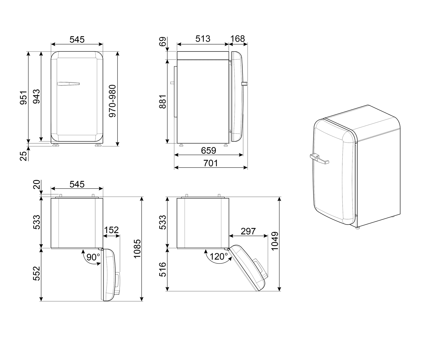 SMEG FAB10RRD6 retro koelkast, technische tekening