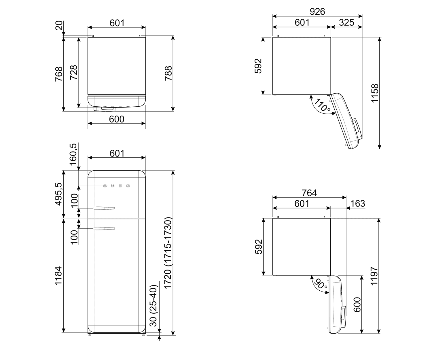SMEG FAB30RWH6 retro koelkast, technische tekening