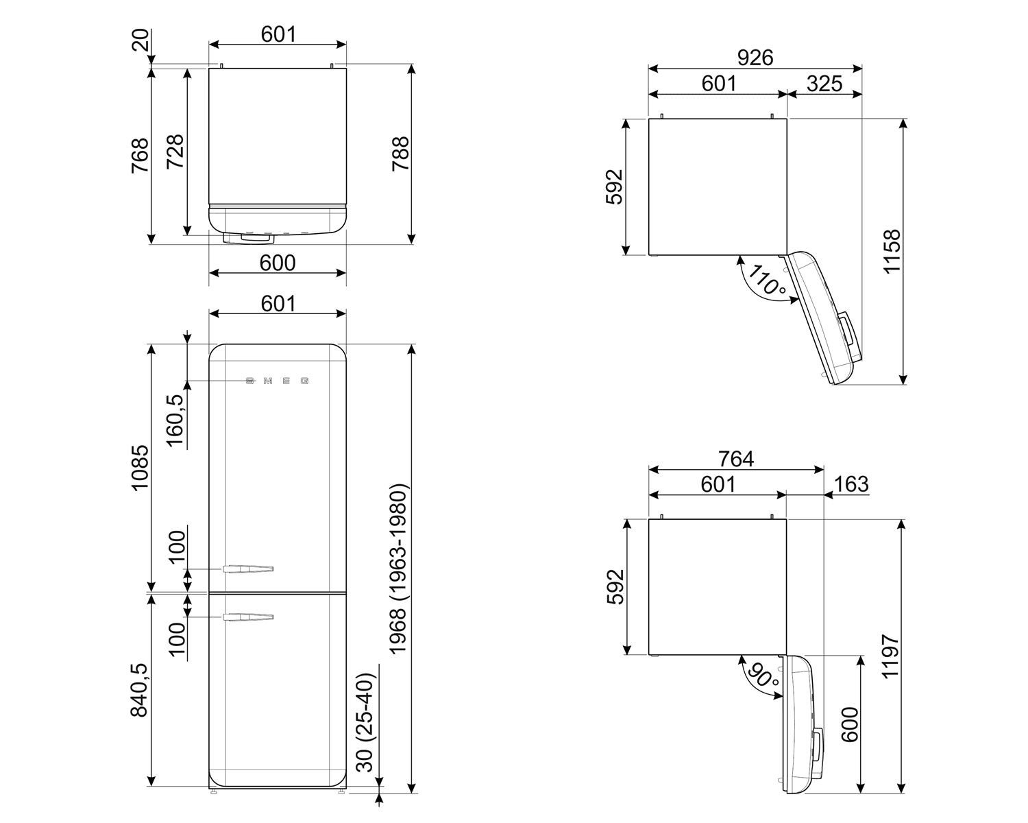SMEG FAB32RWHM6 retro koelkast, technische tekening