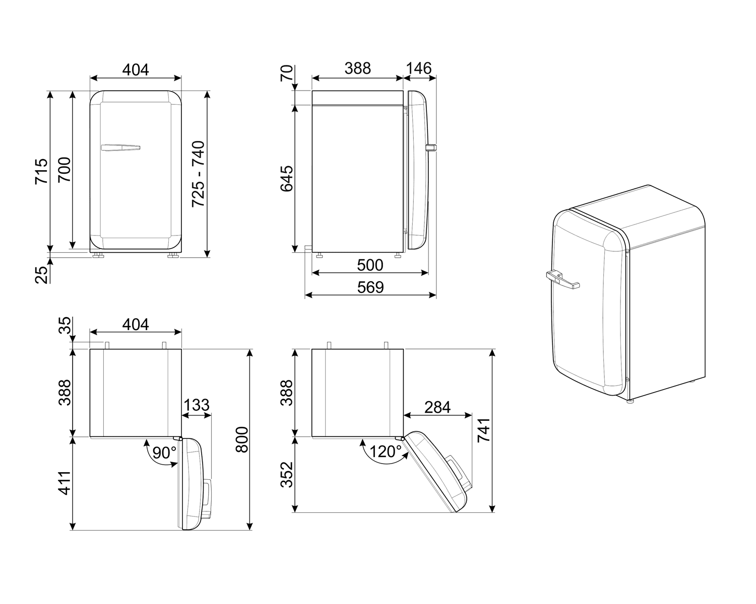 SMEG FAB5RCR6 retro koelkast, technische tekening