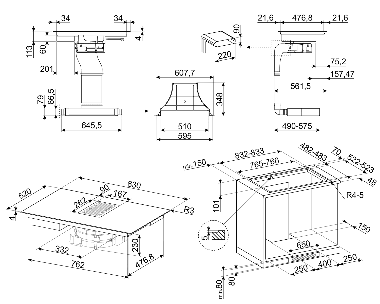 SMEG HOBD182DG kookplaat, technische tekening