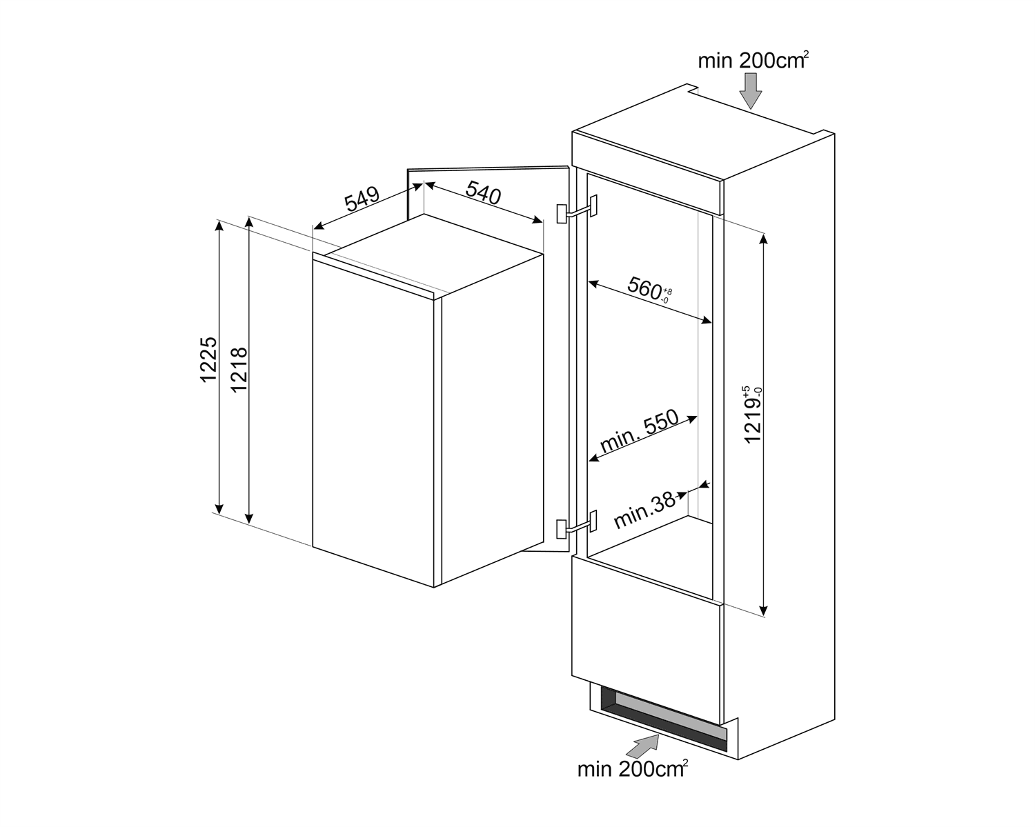 SMEG S4C122F koelkast, technische tekening