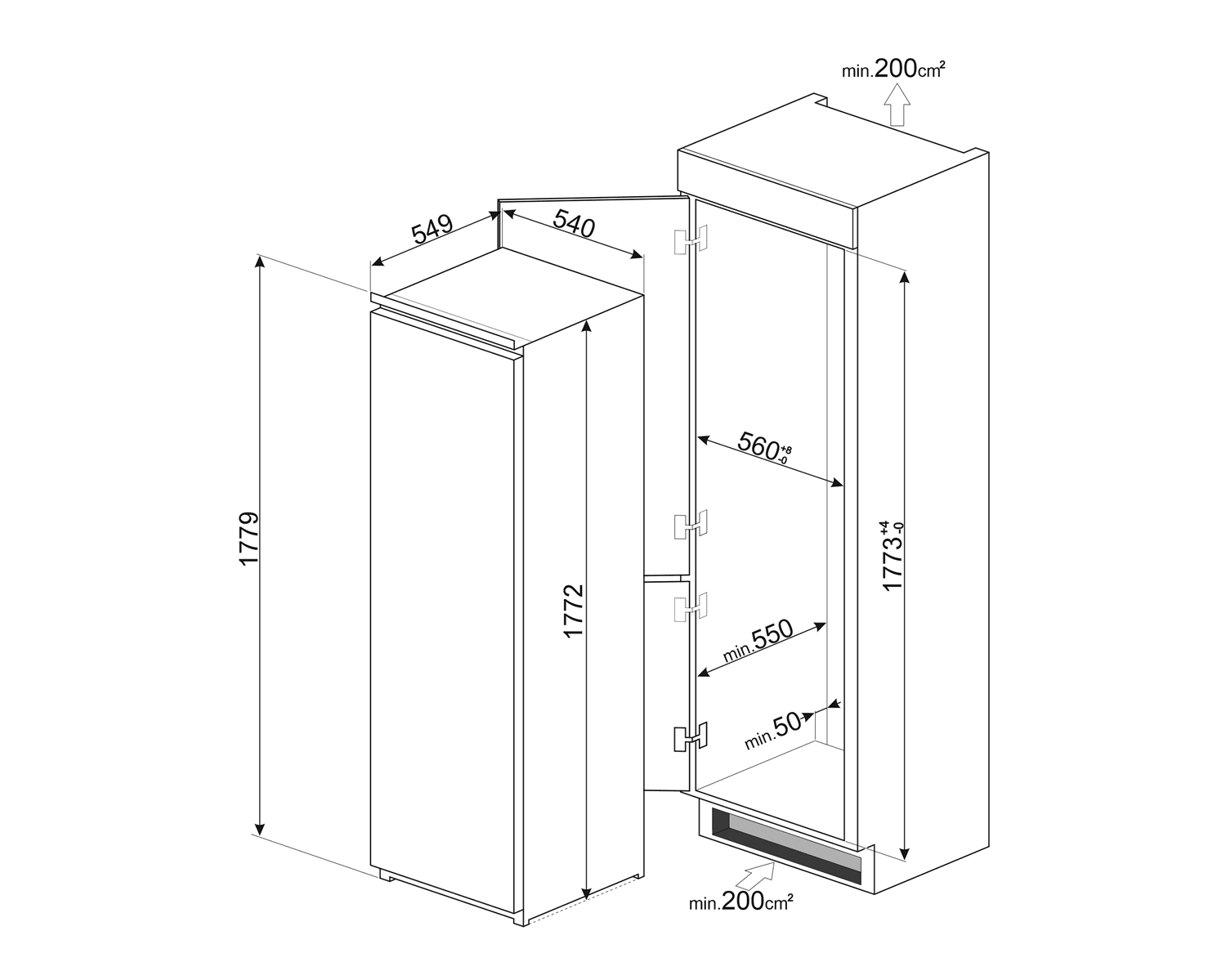 SMEG S8F174NF vriezer, technische tekening