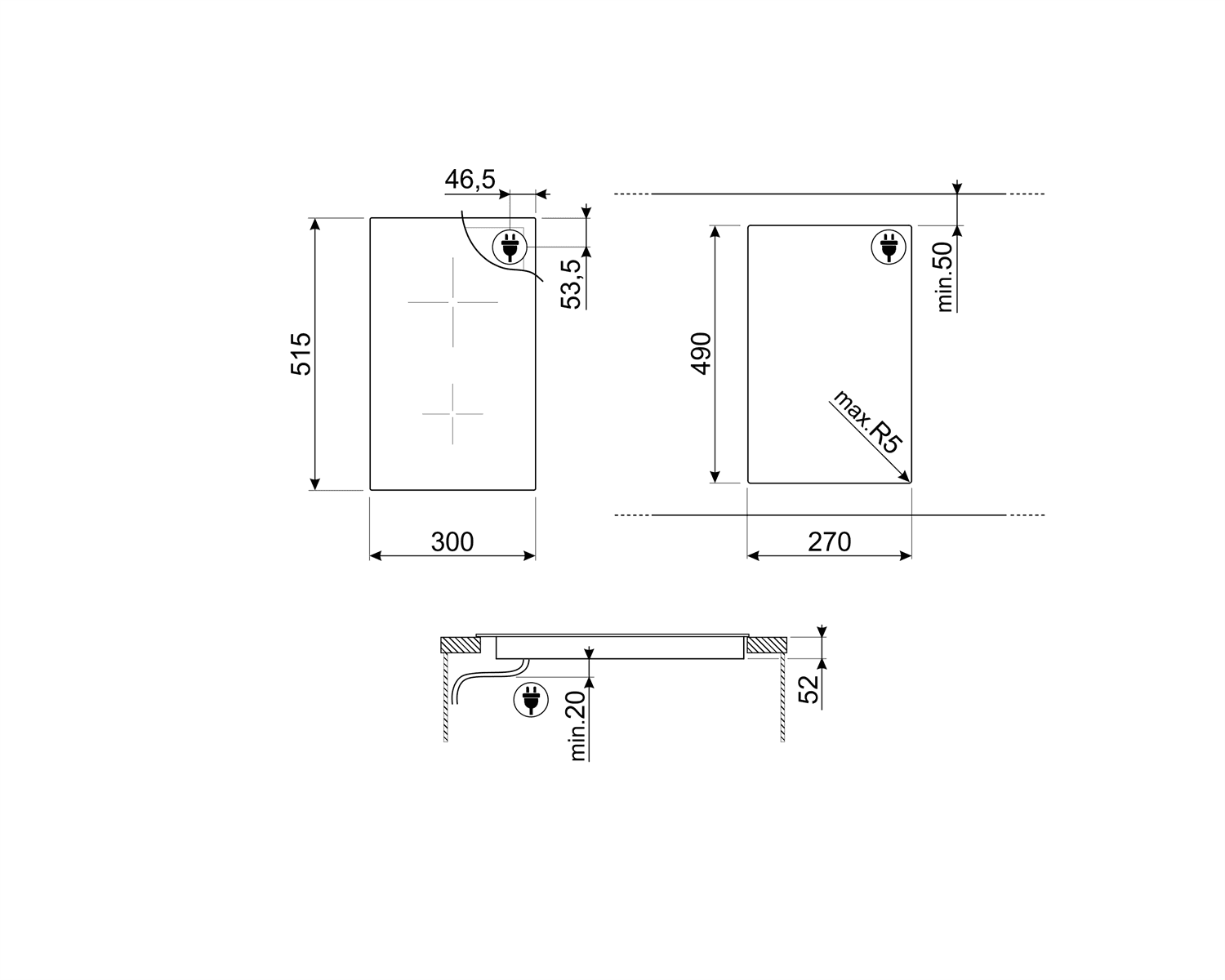 SMEG SI5322B kookplaat, technische tekening