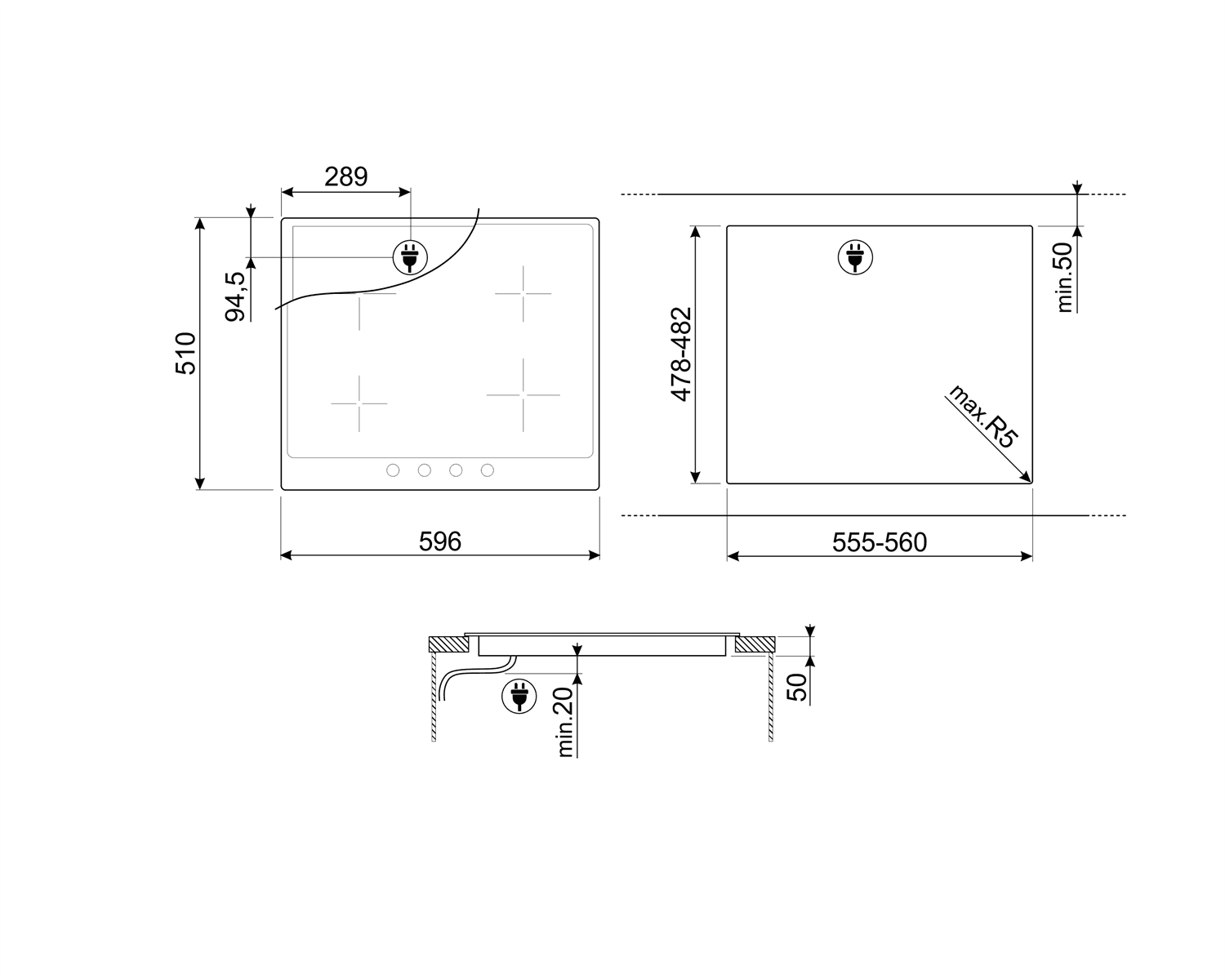 SMEG SI964NM kookplaat, technische tekening