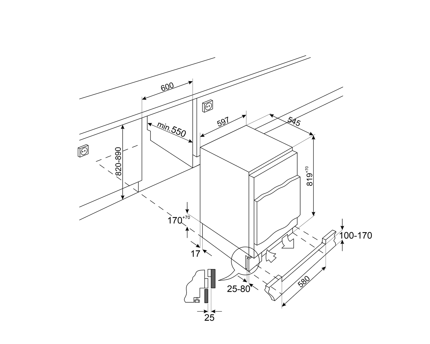 SMEG U8L080DE koelkast, technische tekening