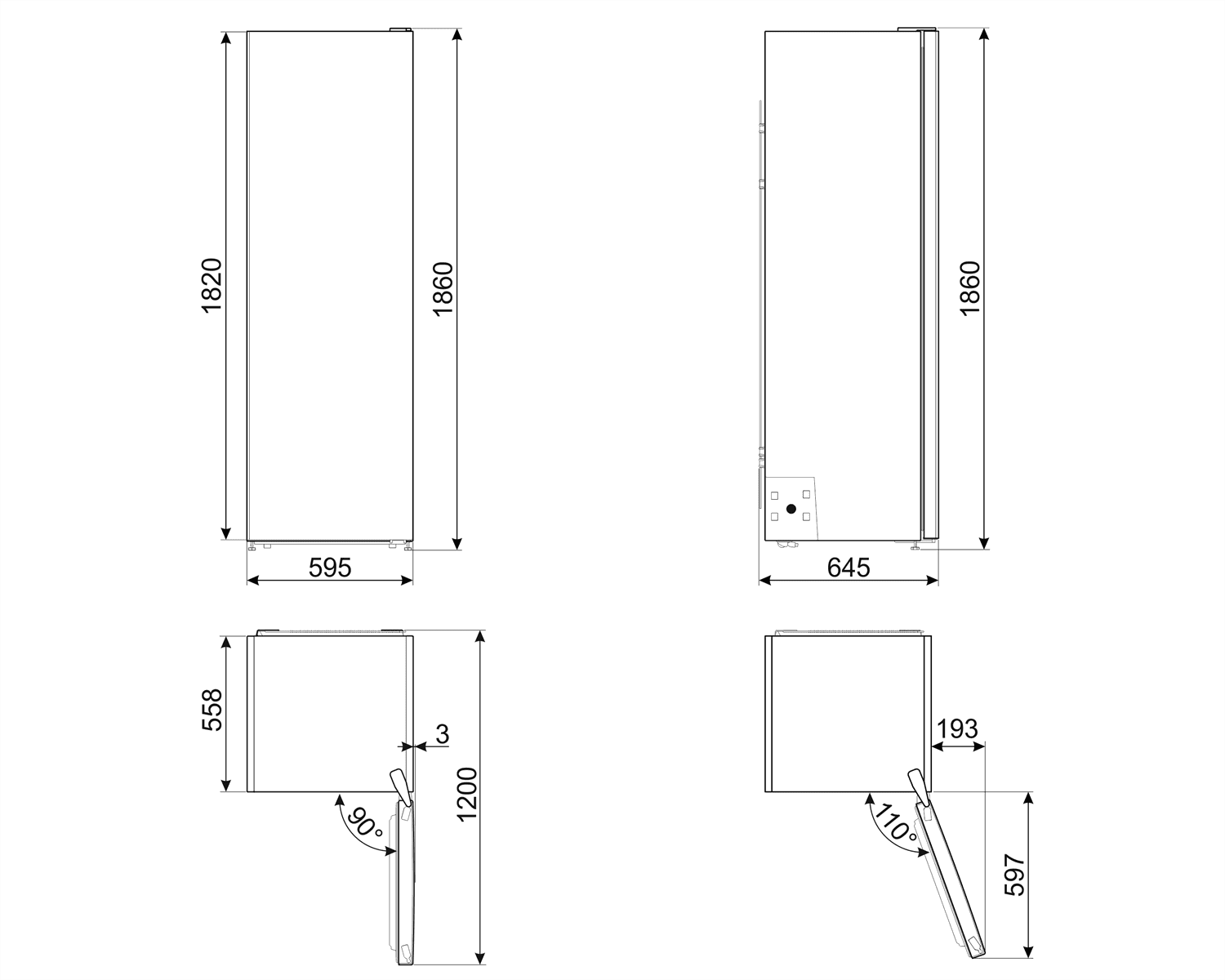 SMEG FF18EN2HX vriezer, technische tekening