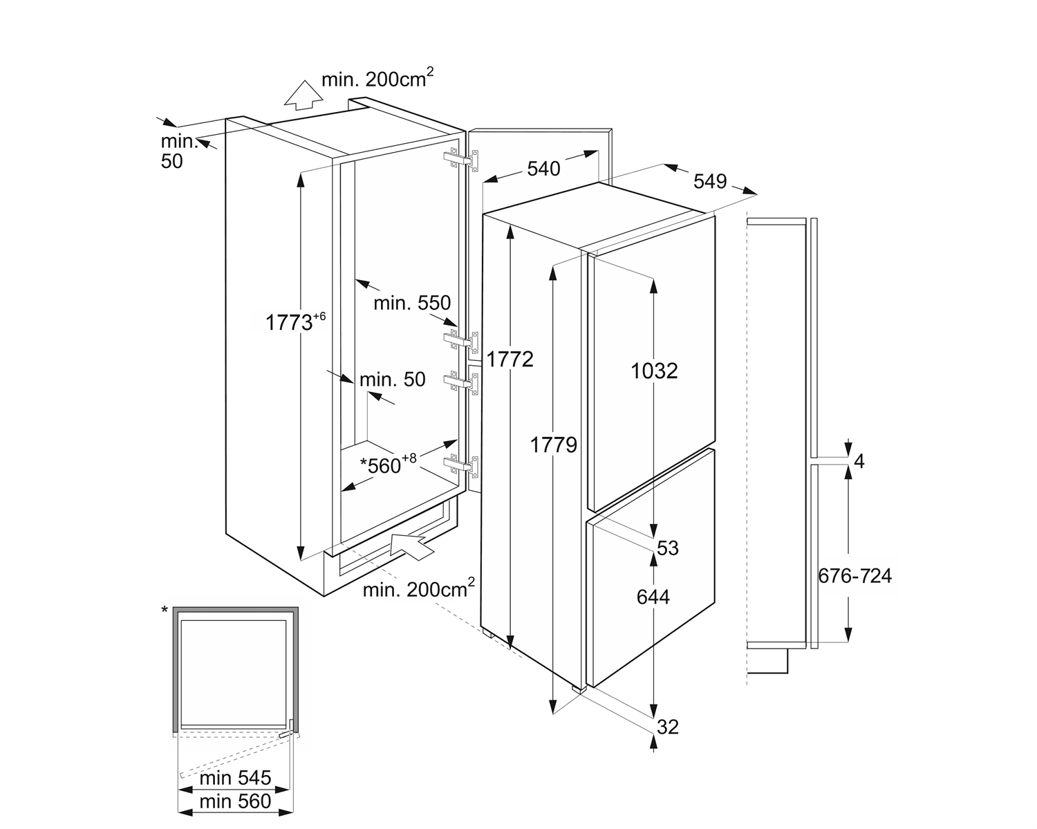 SMEG C4172E koelkast, technische tekening