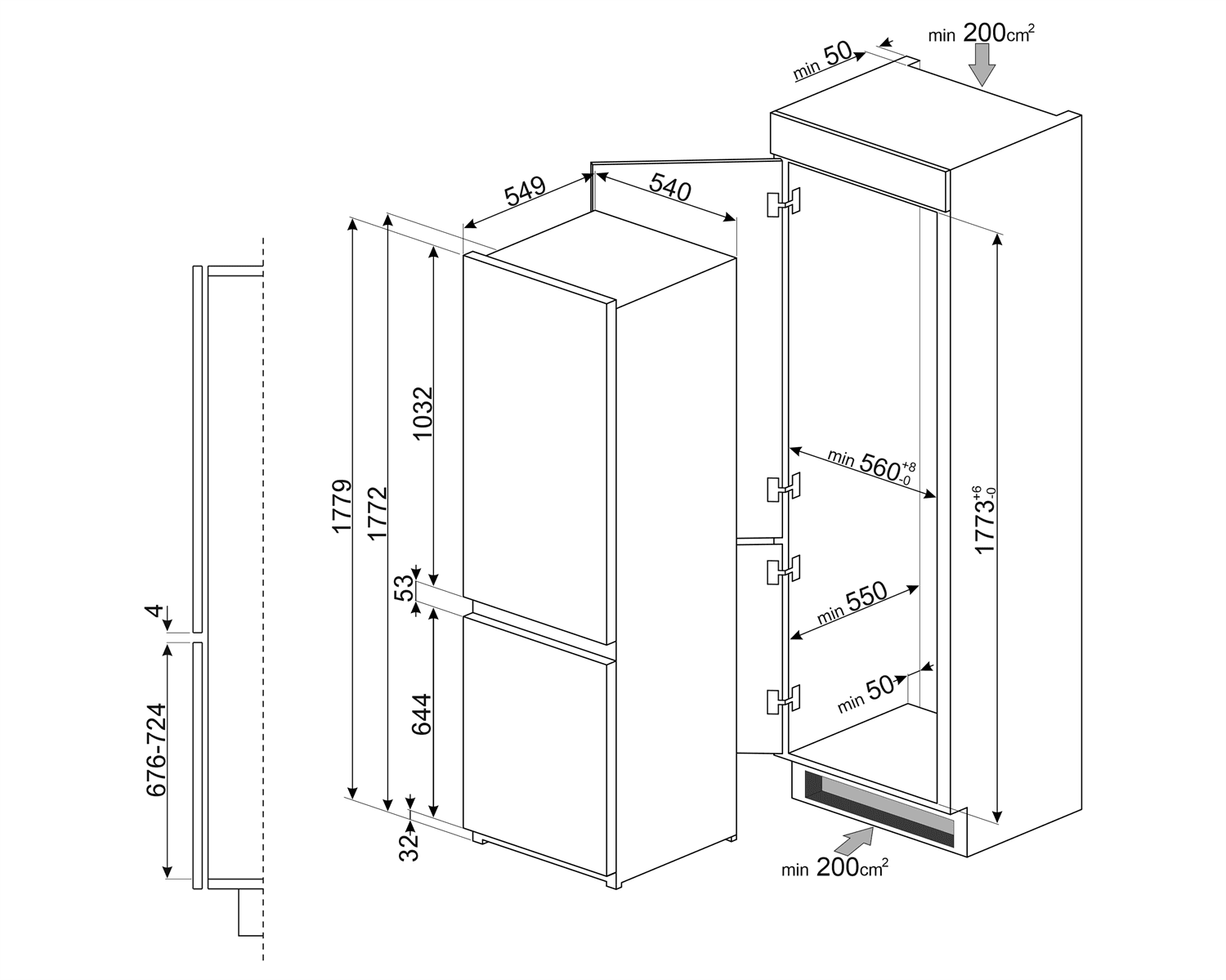 SMEG C8173N1F koelkast, technische tekening