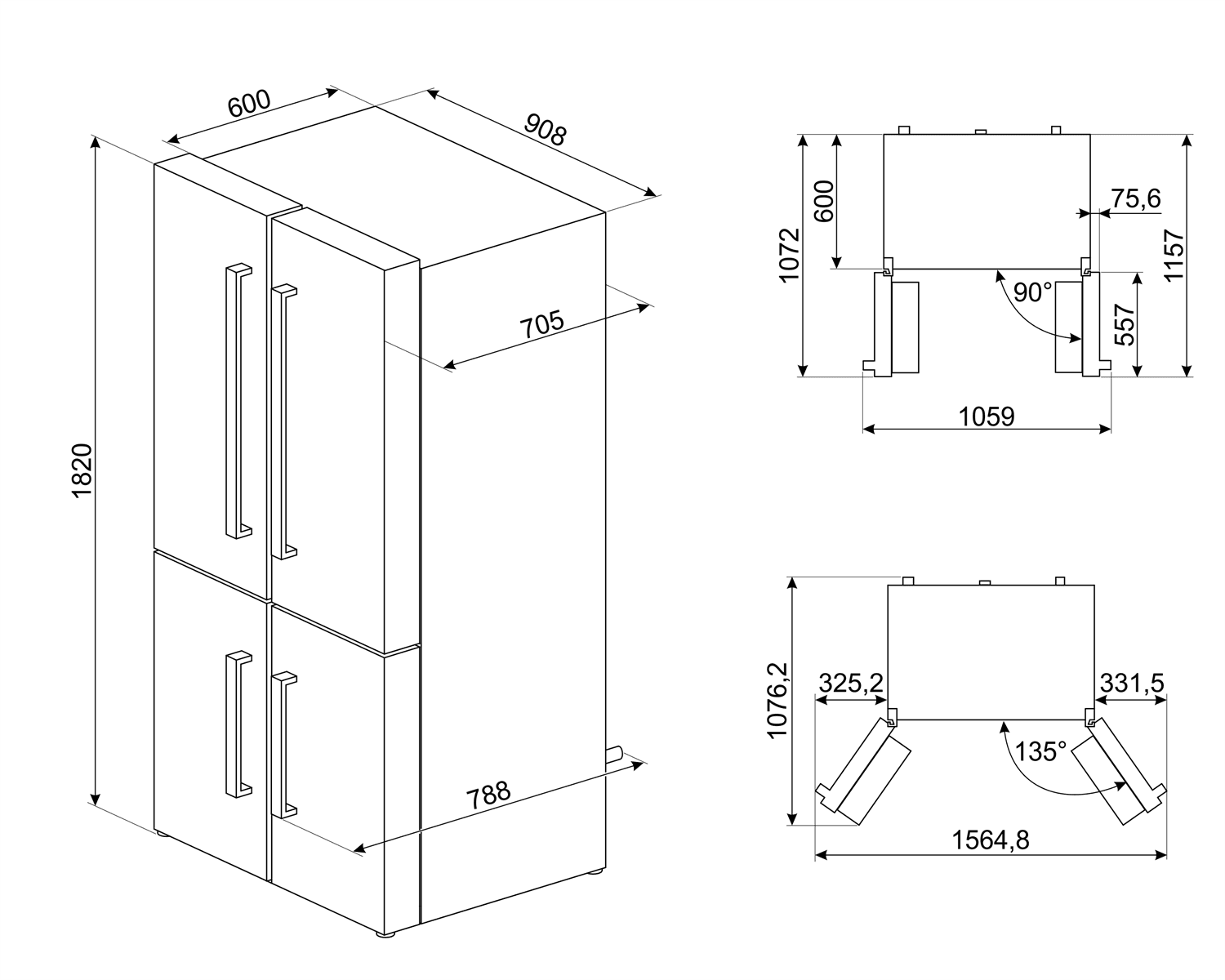 SMEG FQ60NDE koelkast, technische tekening