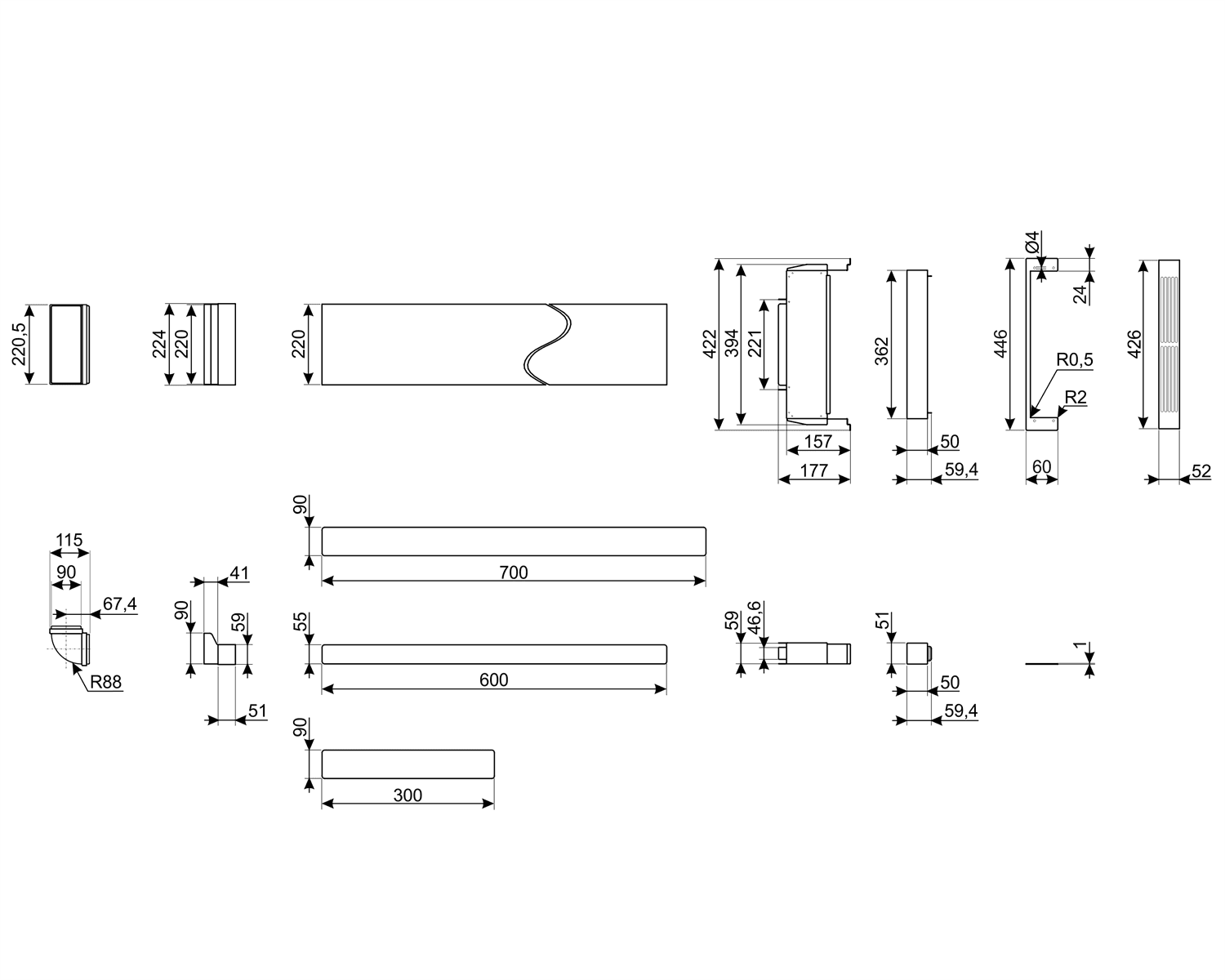 SMEG KITF6HOBD recirculatiekit, technische tekening