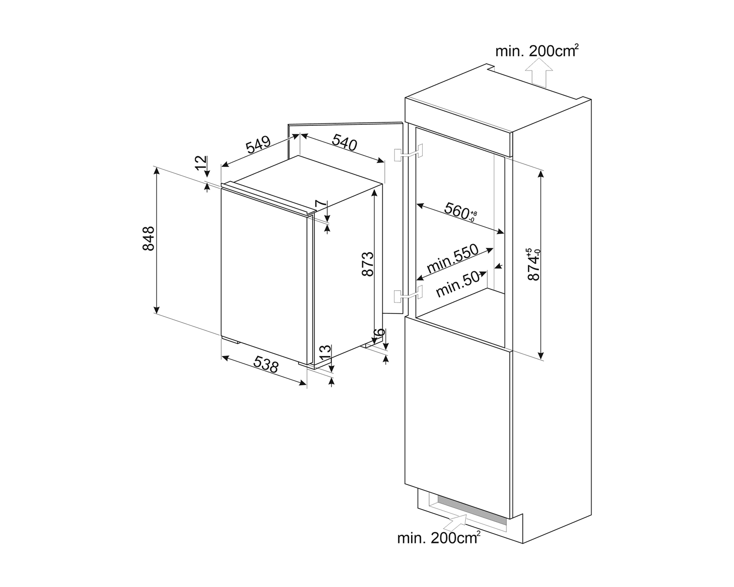 SMEG S4F094E vriezer, technische tekening
