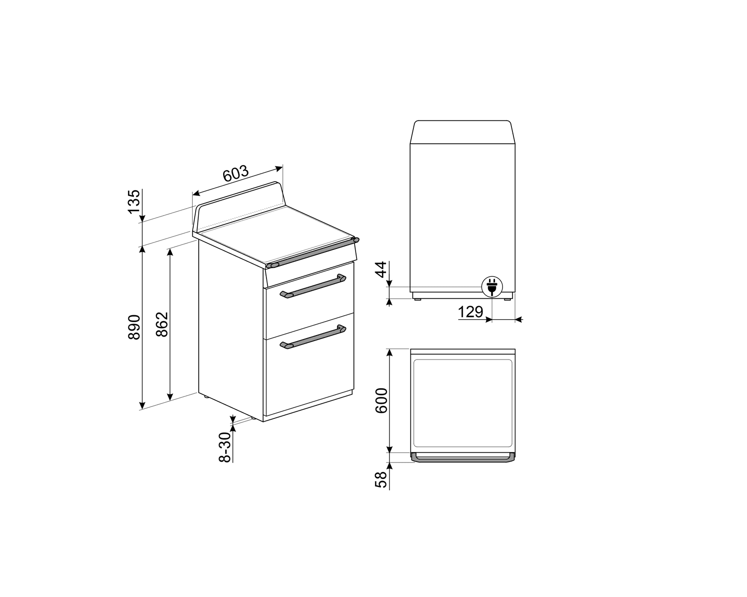 SMEG TR62IP2 fornuis, technische tekening