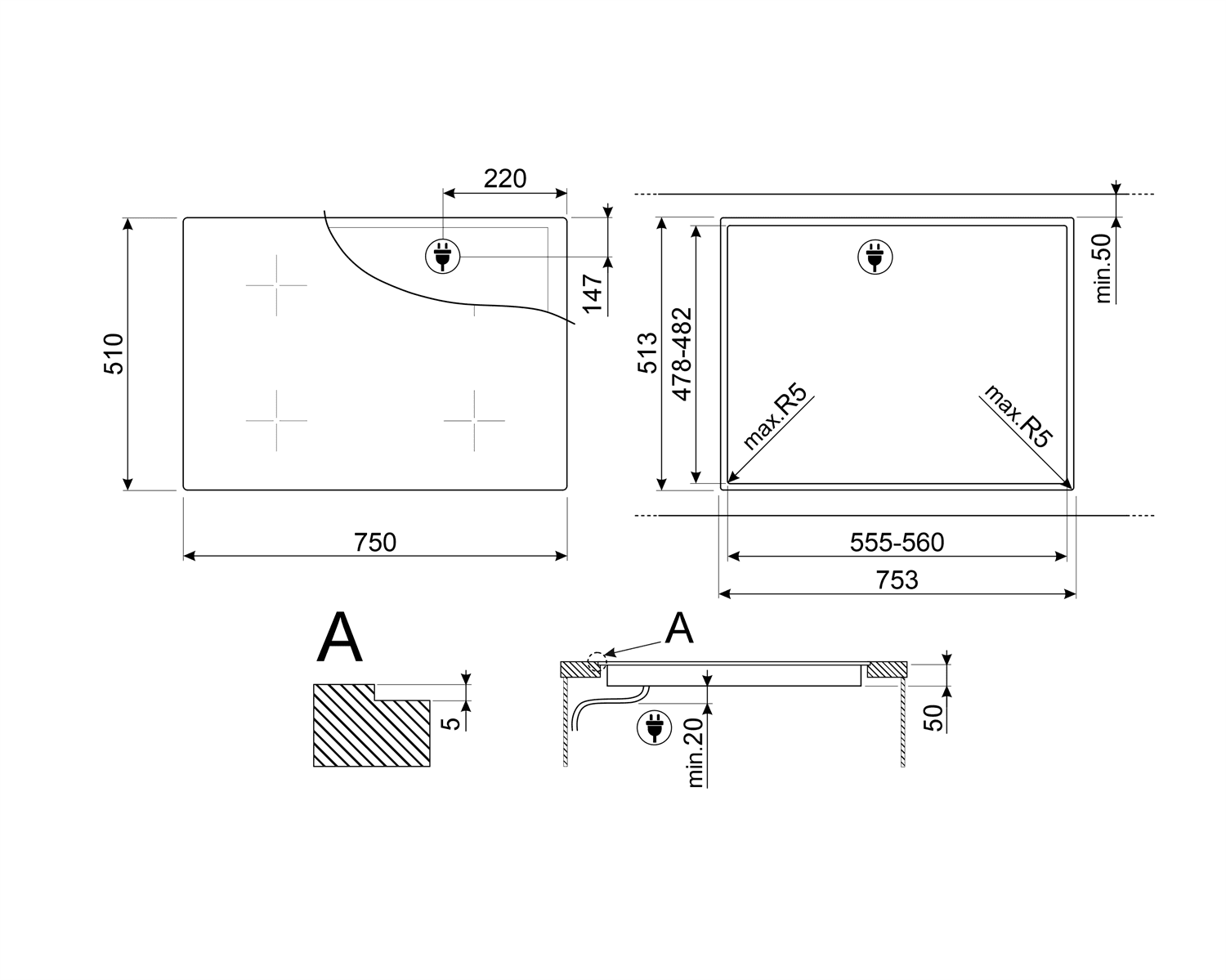 SMEG SI4742D kookplaat, technische tekening