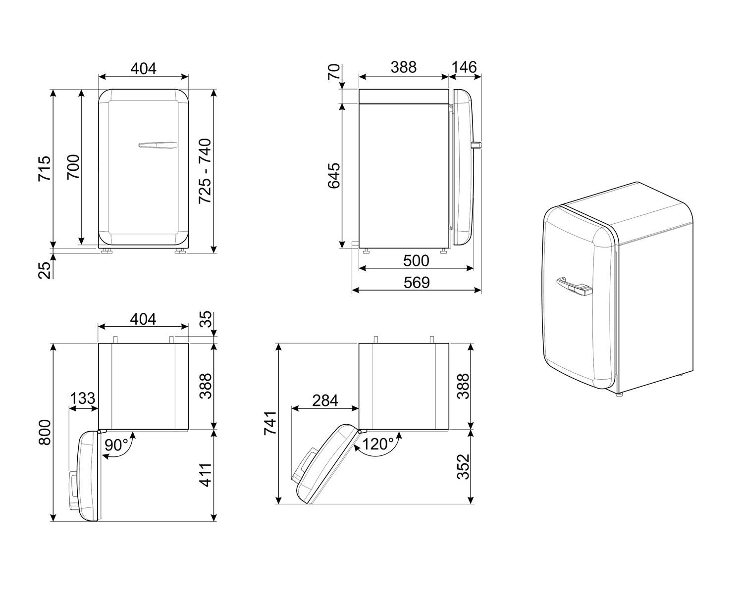 SMEG FAB5LDUJ5 retro koelkast, technische tekening