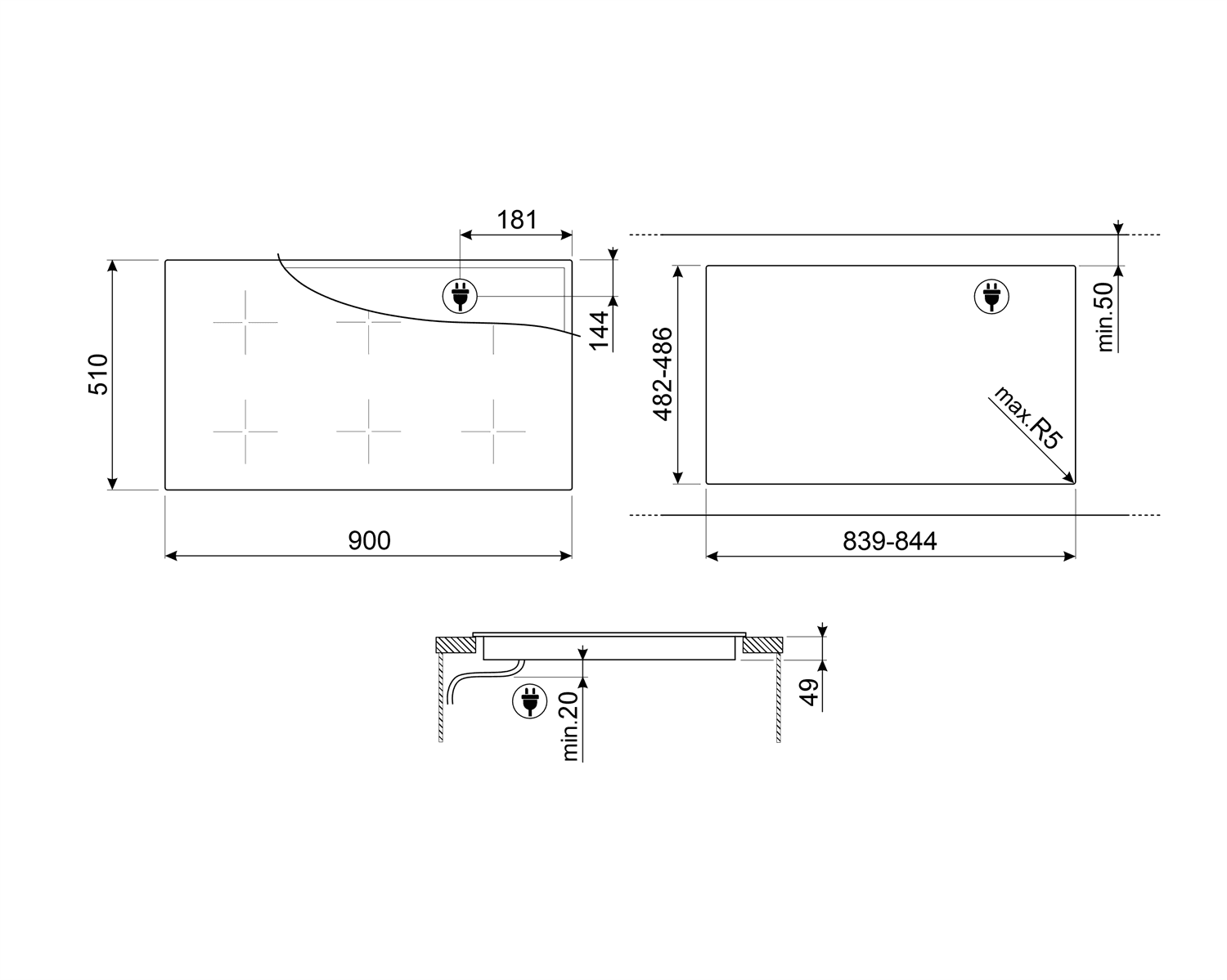 SMEG SI2951D kookplaat, technische tekening