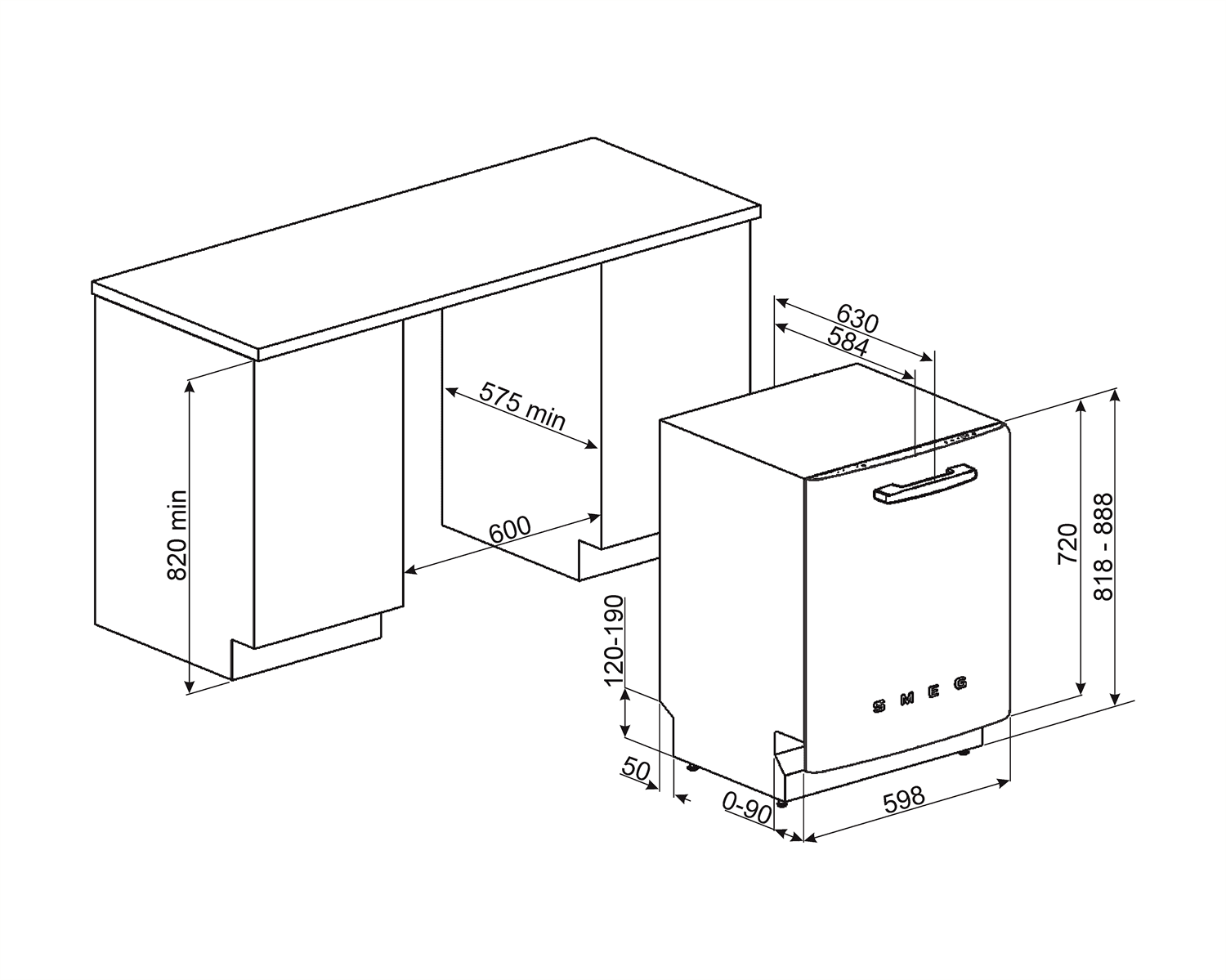 SMEG STFABWH3 vaatwasser, technische tekening