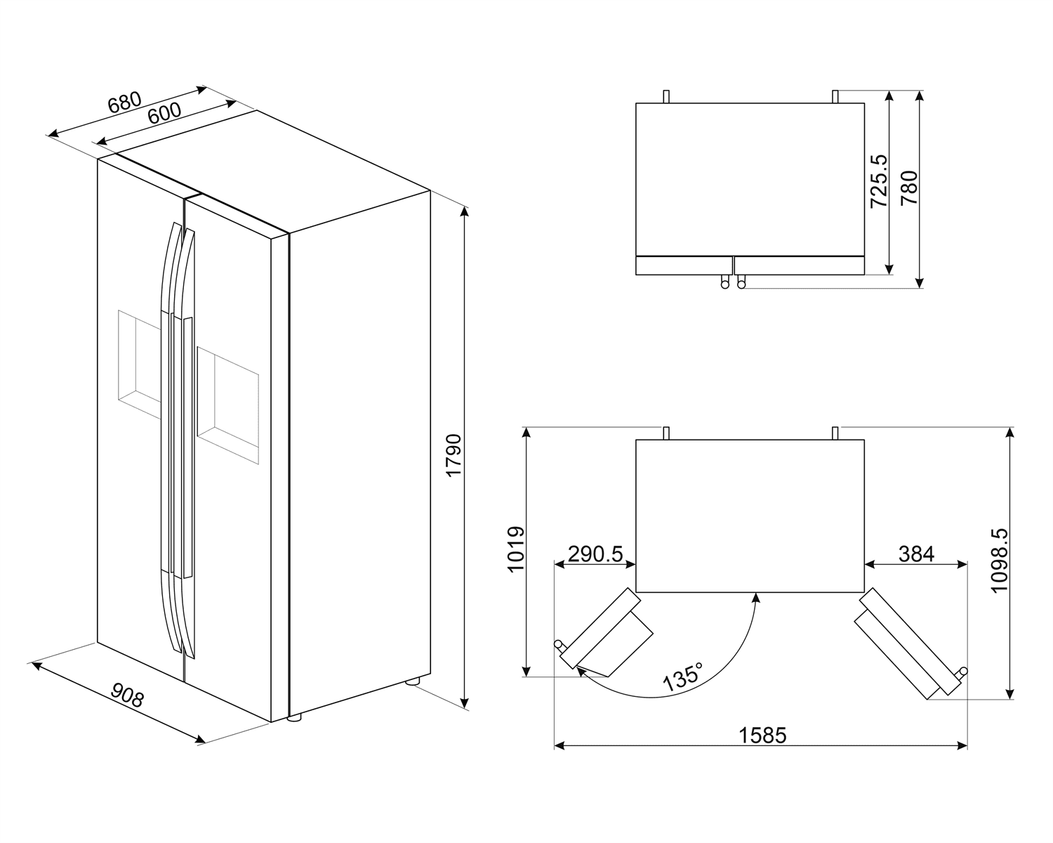 SMEG SBS63XDE koelkast, technische tekening
