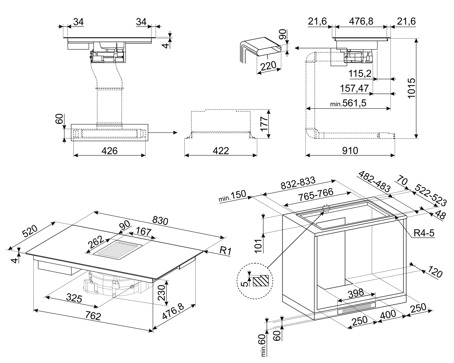 SMEG HOBD682D1 kookplaat, technische tekening