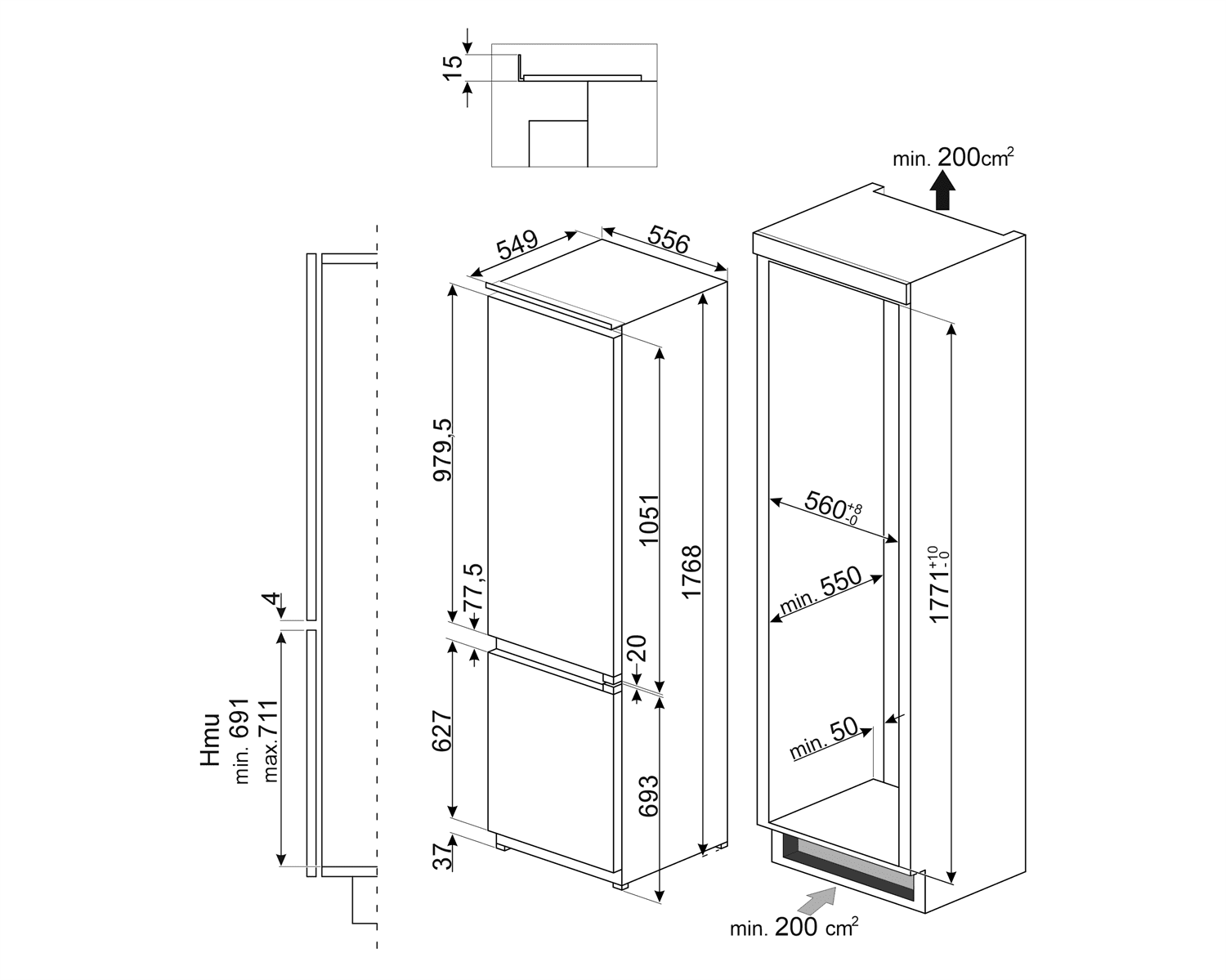 SMEG C8174DN2E koelkast, technische tekening