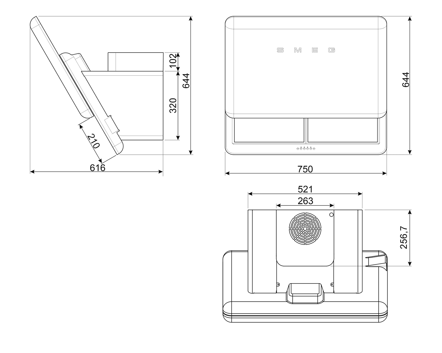 SMEG KFAB75CR wand afzuigkap, technische tekening