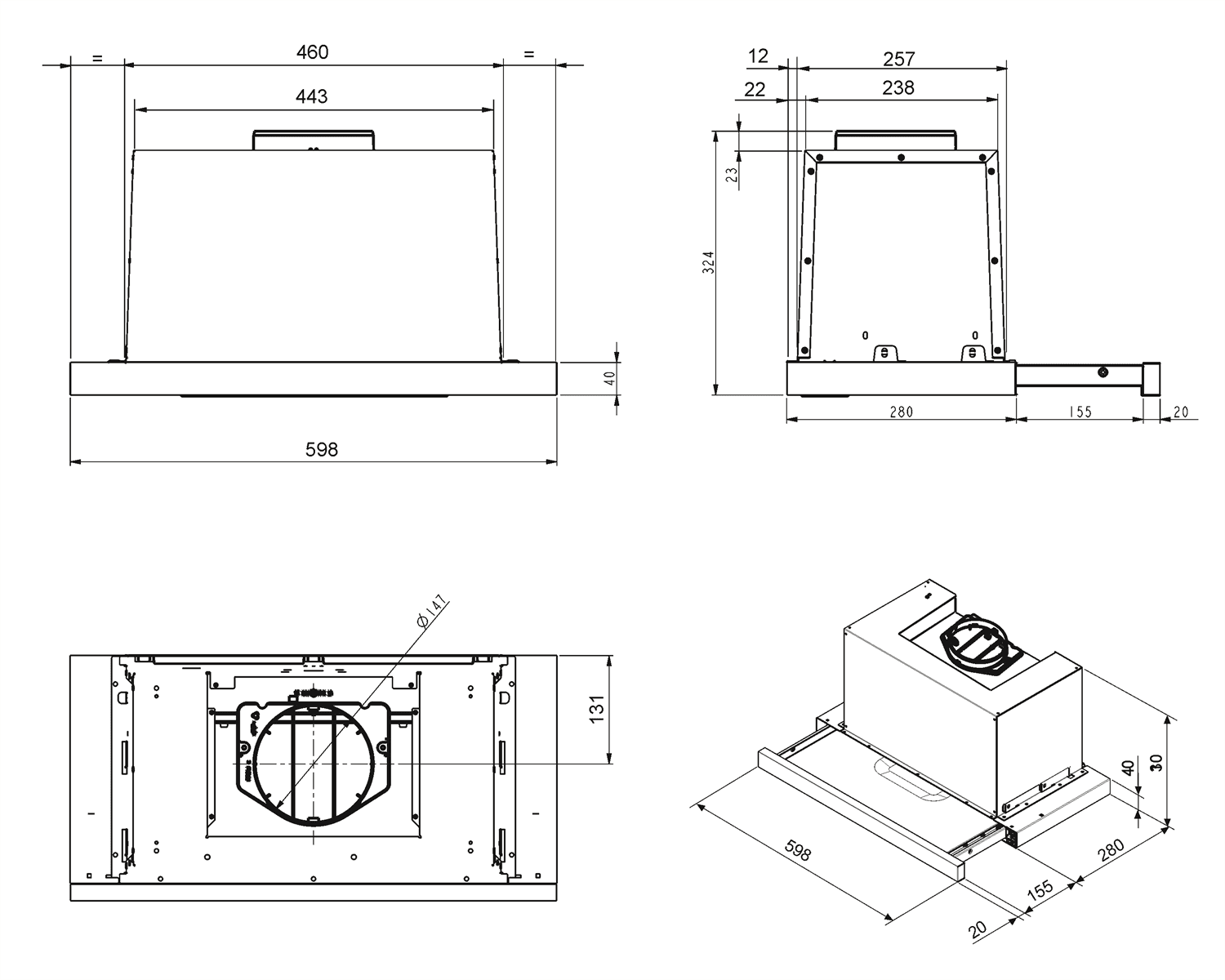 SMEG KSET600XE Vlakscherm afzuigkap, technische tekening