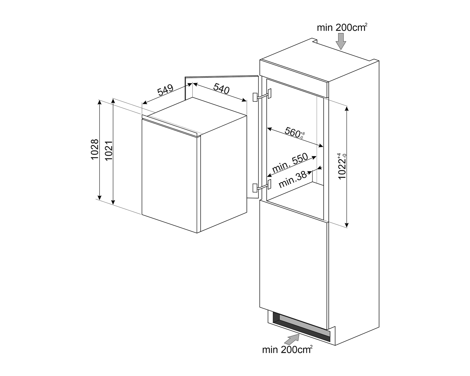 SMEG S4L100E koelkast, technische tekening