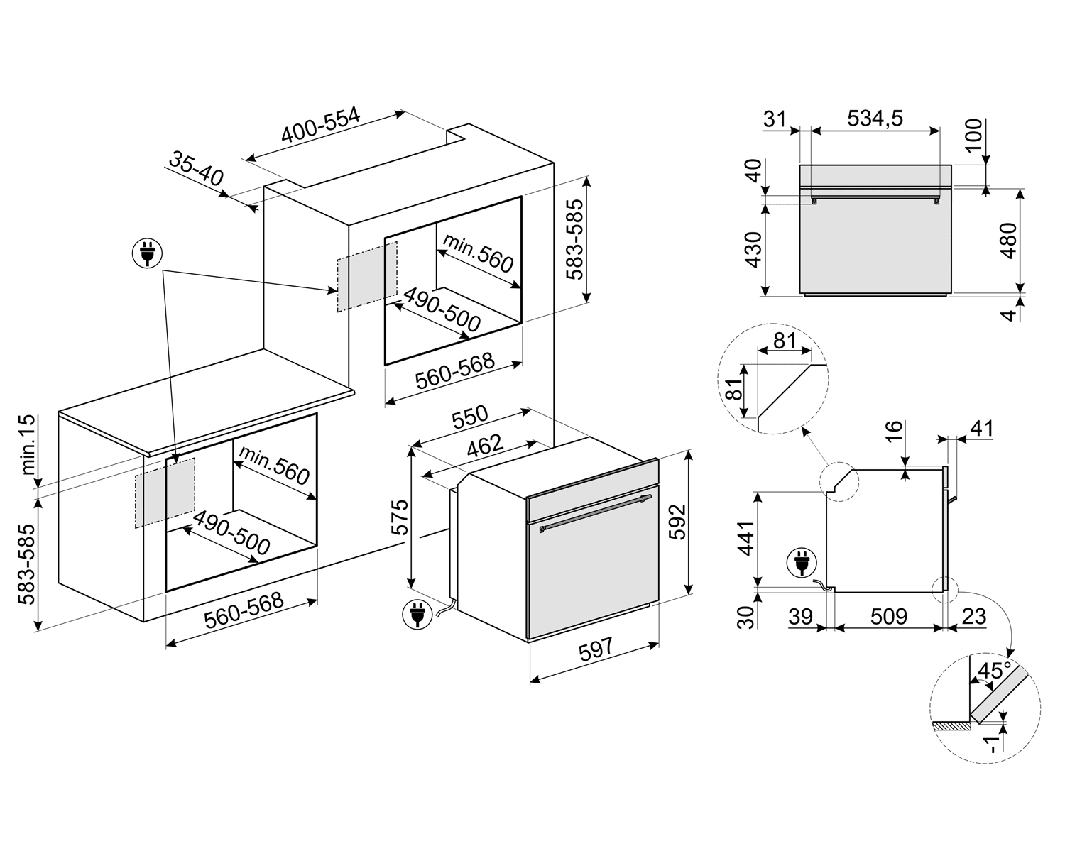SMEG SO6302S3PX combi-stoom oven, technische tekening